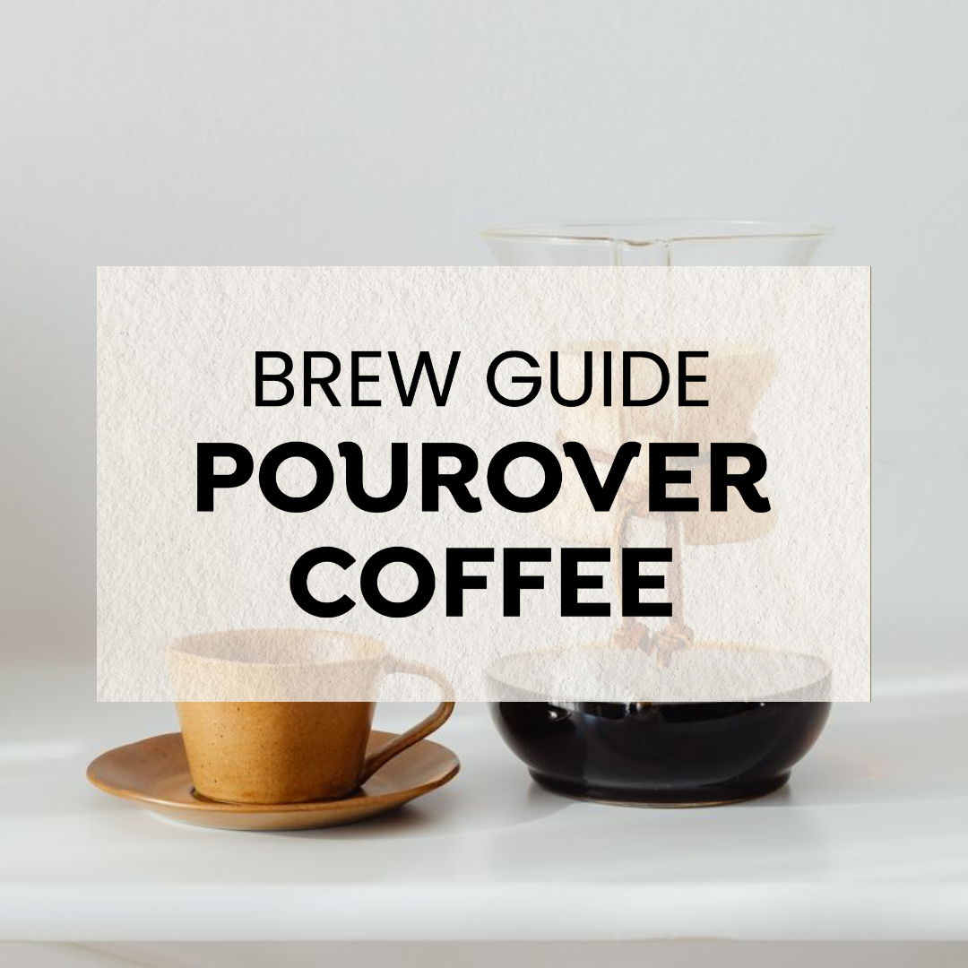 Brew Guide for Pourover Coffee – A ceramic cup and a glass pourover coffee maker with a paper filter on a white surface.