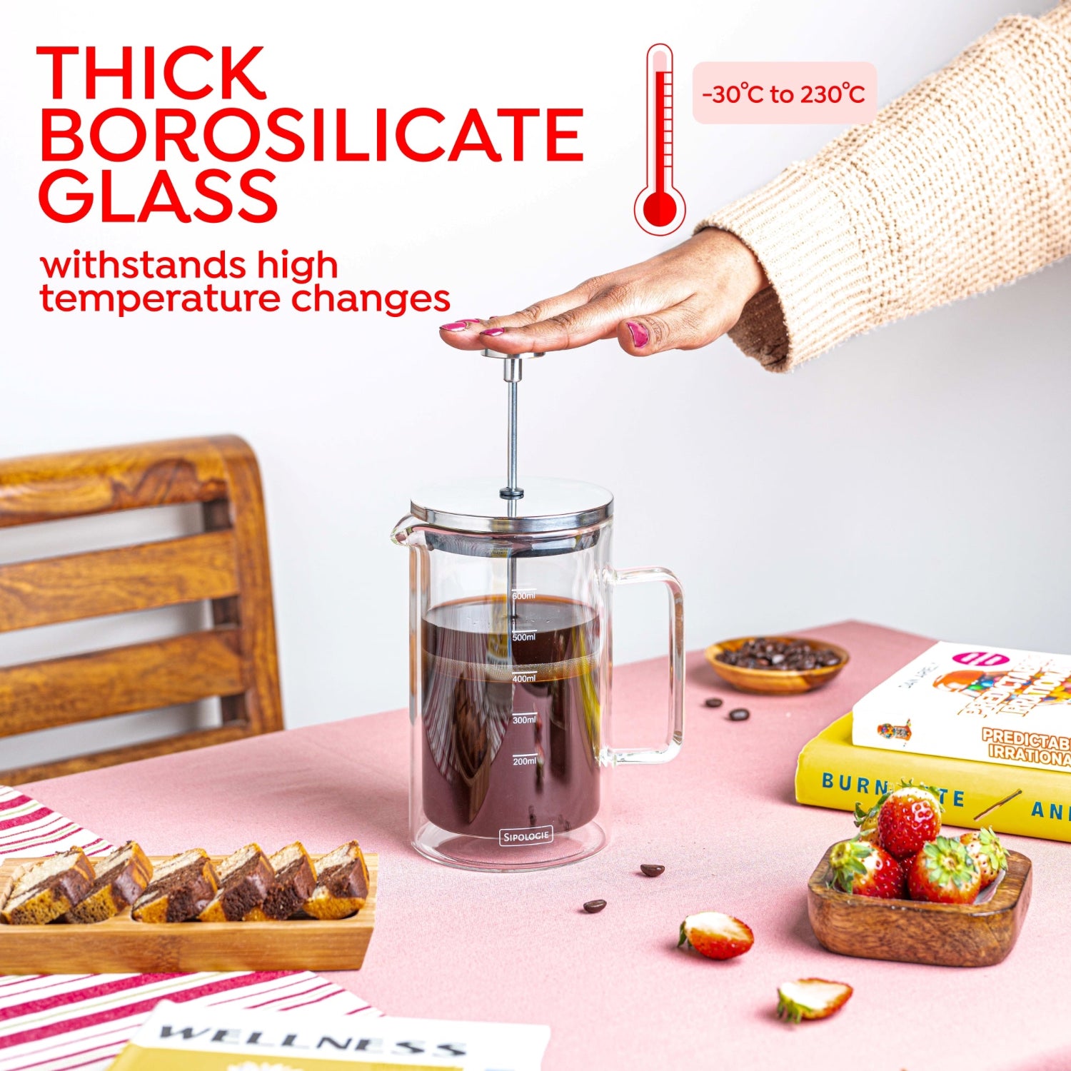 Glasricket Double Wall French Press Coffee Maker - 600ml