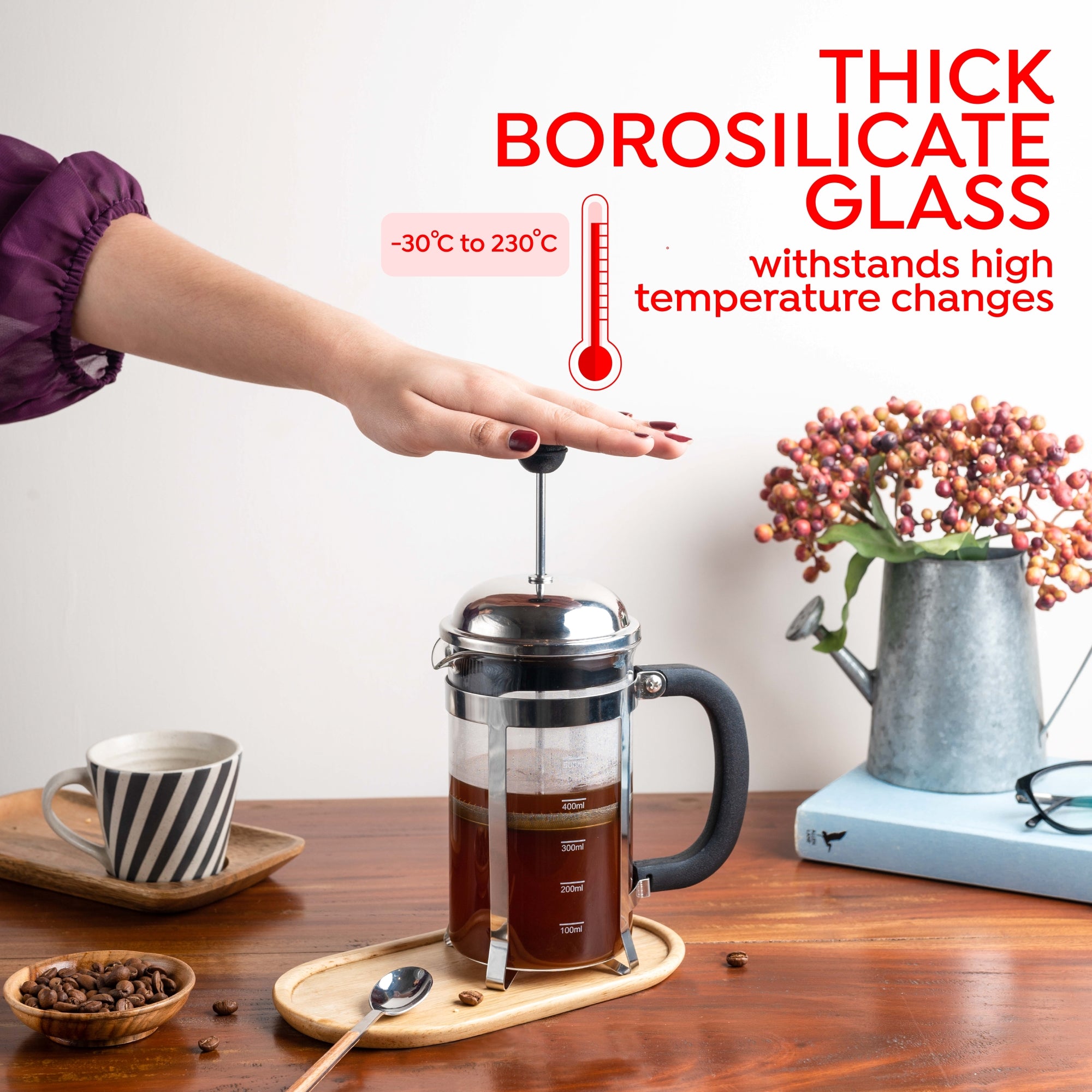 Vintage French Press Coffee Maker, Silver - 600ml