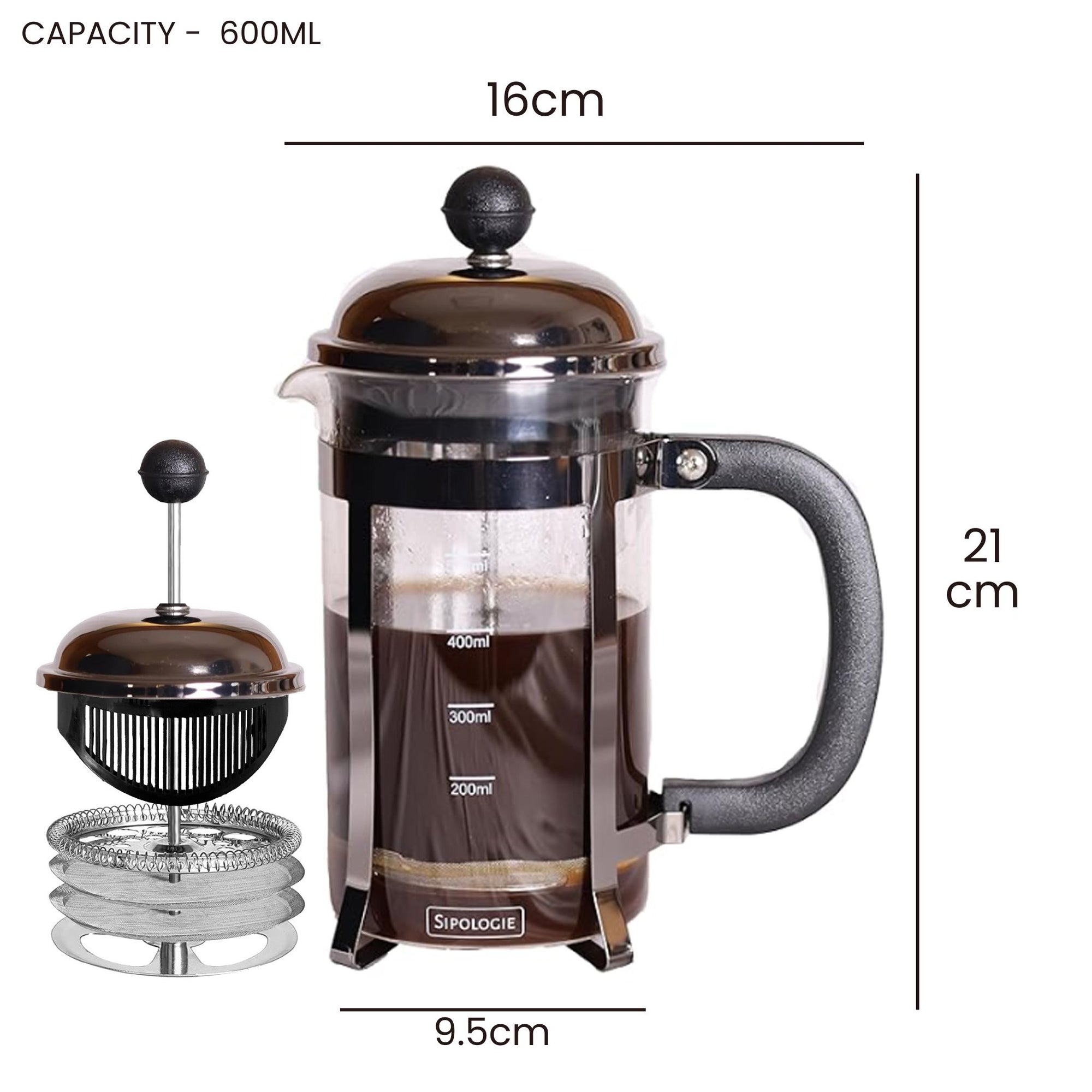 Vintage French Press Coffee Maker, Black - 600ml