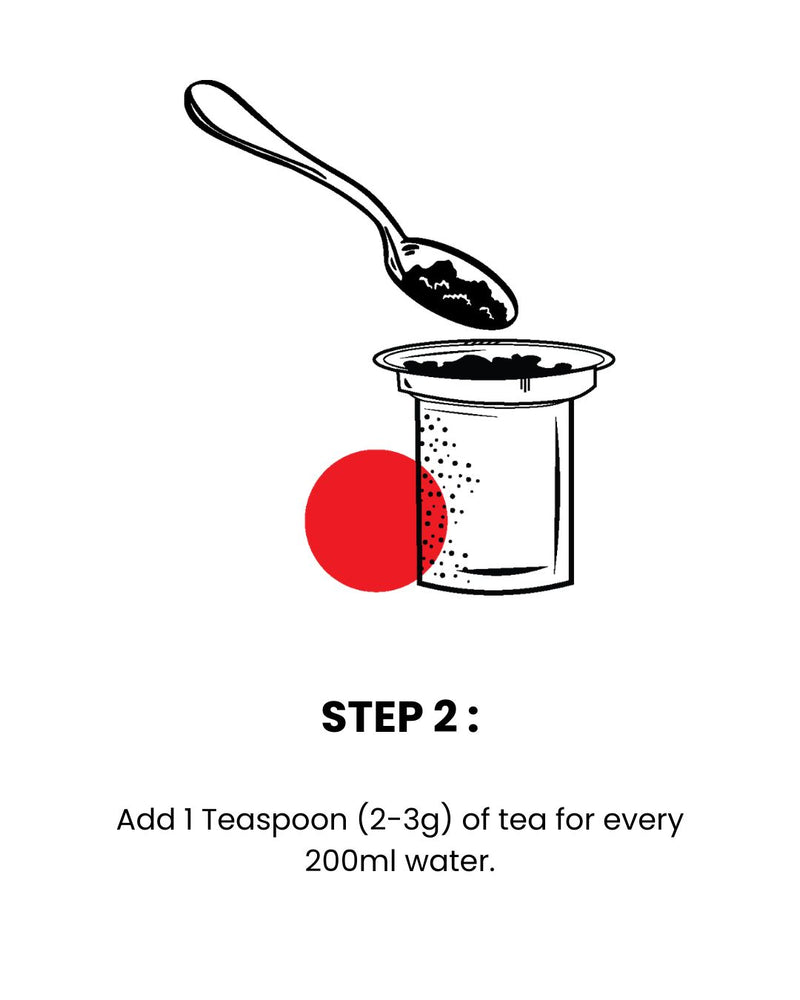Tea infuser with tea leaves being poured in it. Step 2 of teapot brew guide