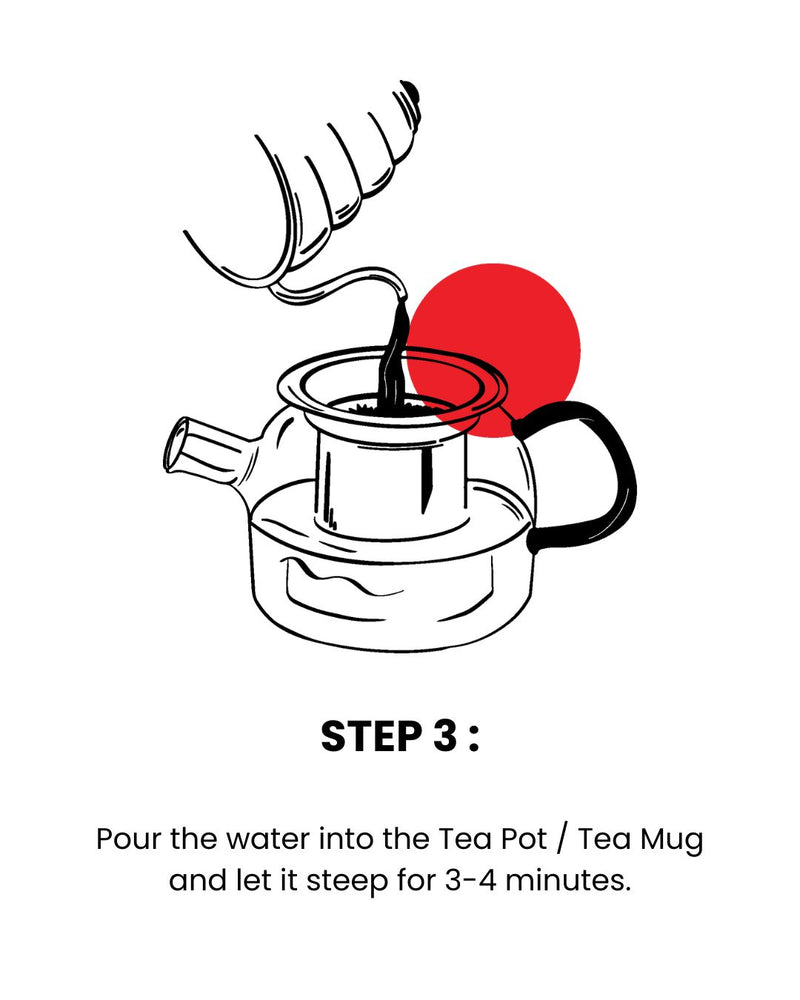 Teapot brew guide step three - pouring water into the teapot and let it steep for 3-4 minutes