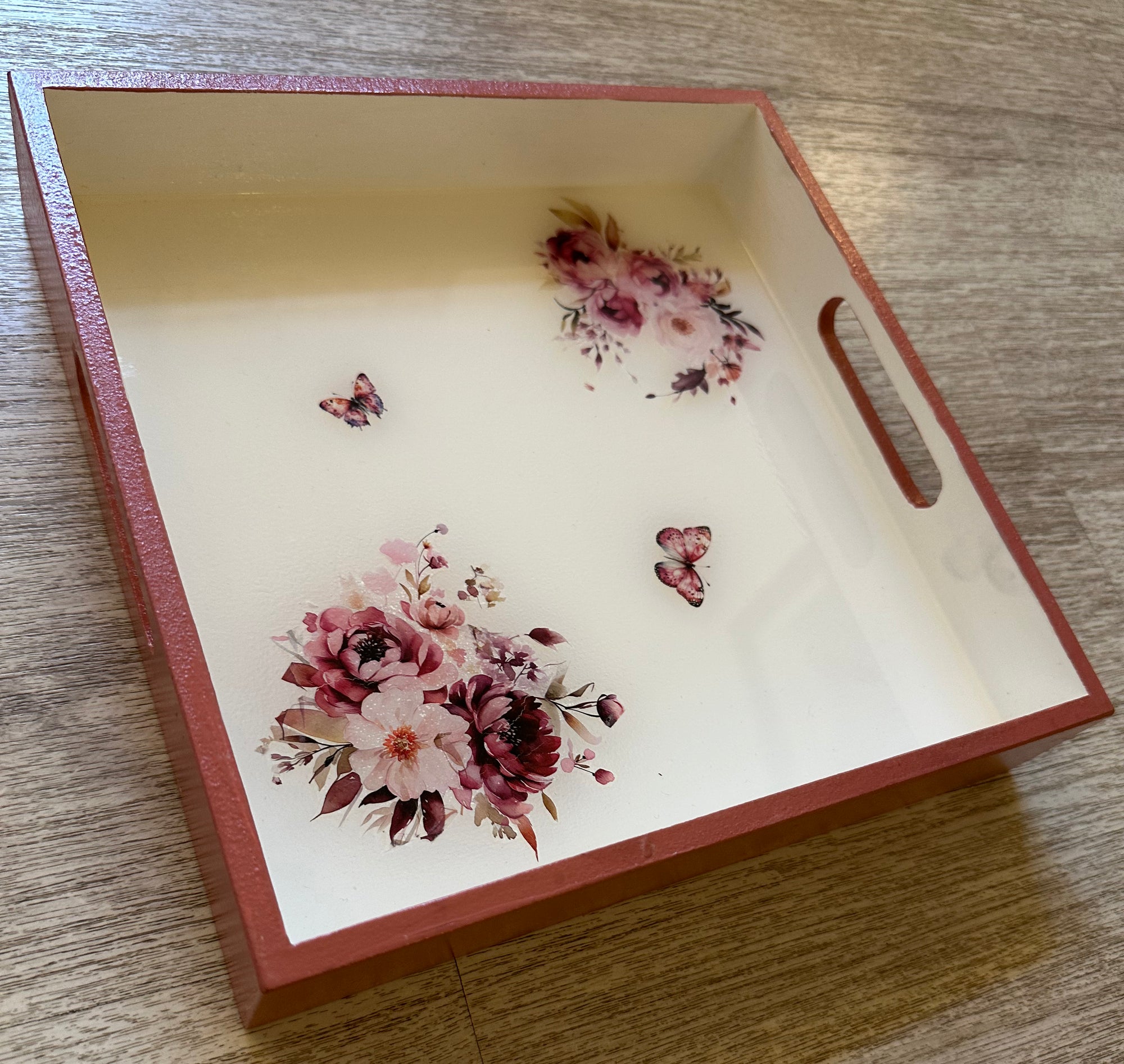 B&B Rectangular Tray with Magenta Flowers ( 10" X 10" )