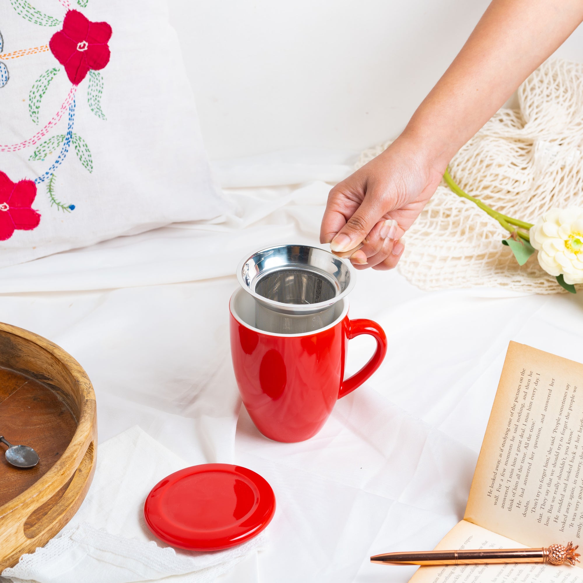 Artisan Ceramic Tea Mug with Infuser, Red - 300ml