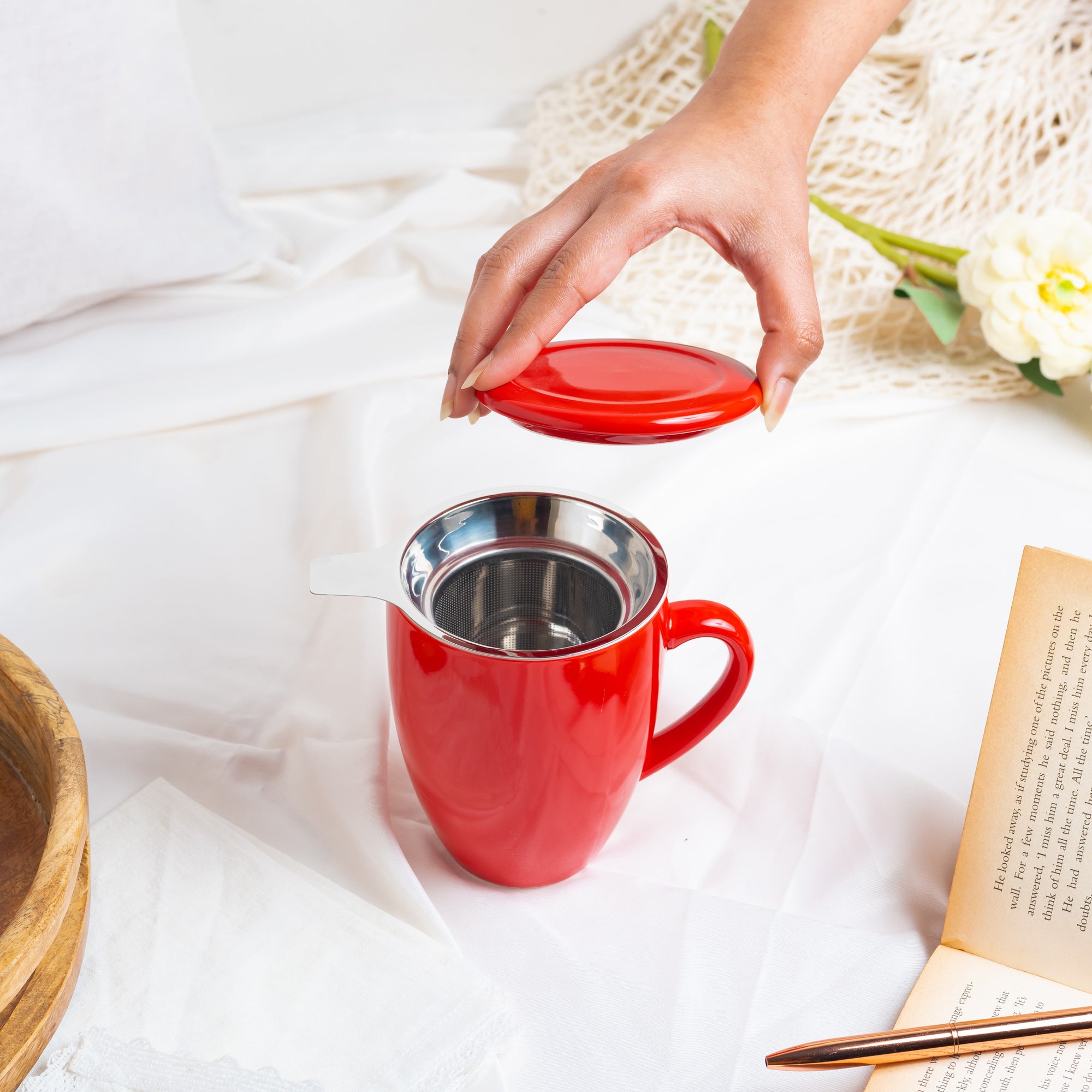 Artisan Ceramic Tea Mug with Infuser, Red - 300ml