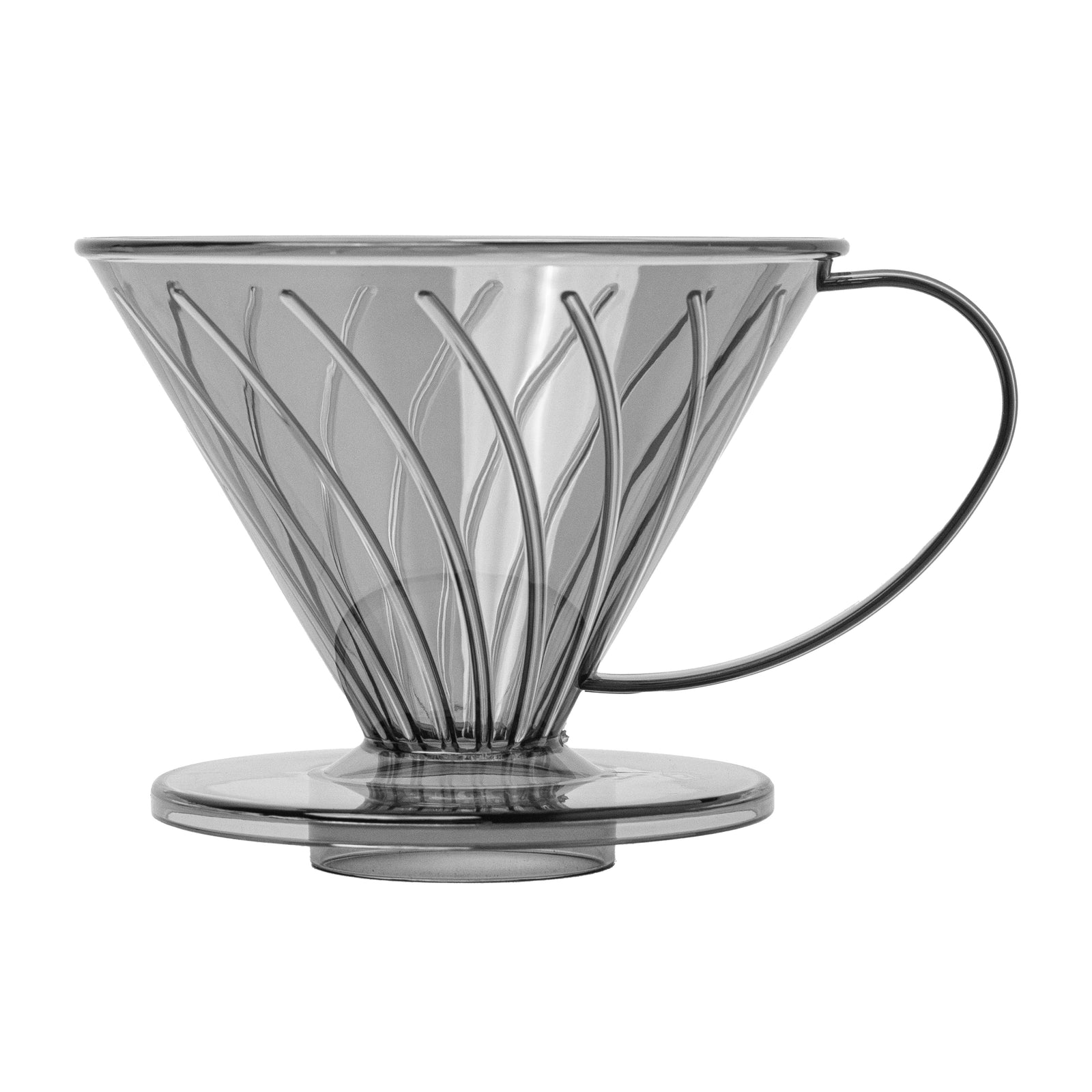 Clear plastic V60 coffee dripper with spiral ridges and a handle, placed on a white background.