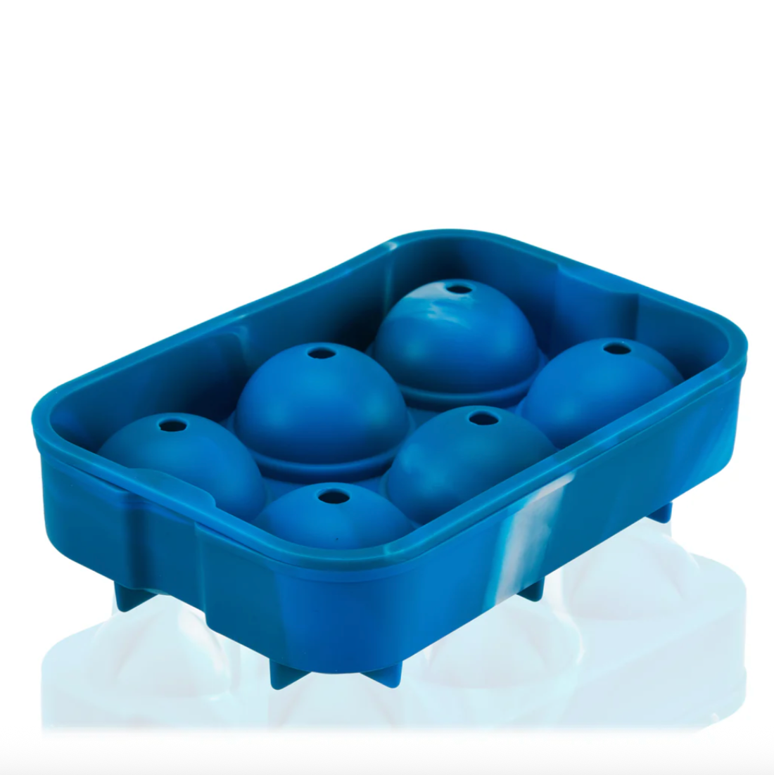 Blue silicone ice mold tray on a white background