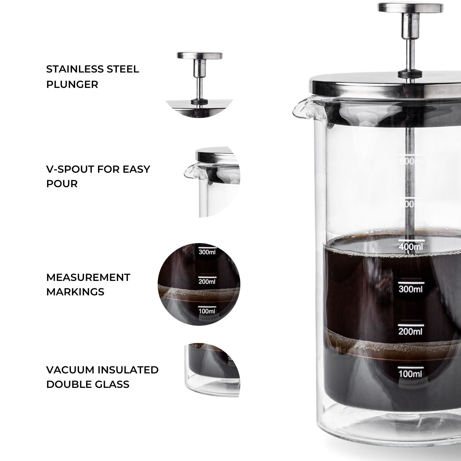 Glasricket Double Wall French Press Coffee Maker - 600ml