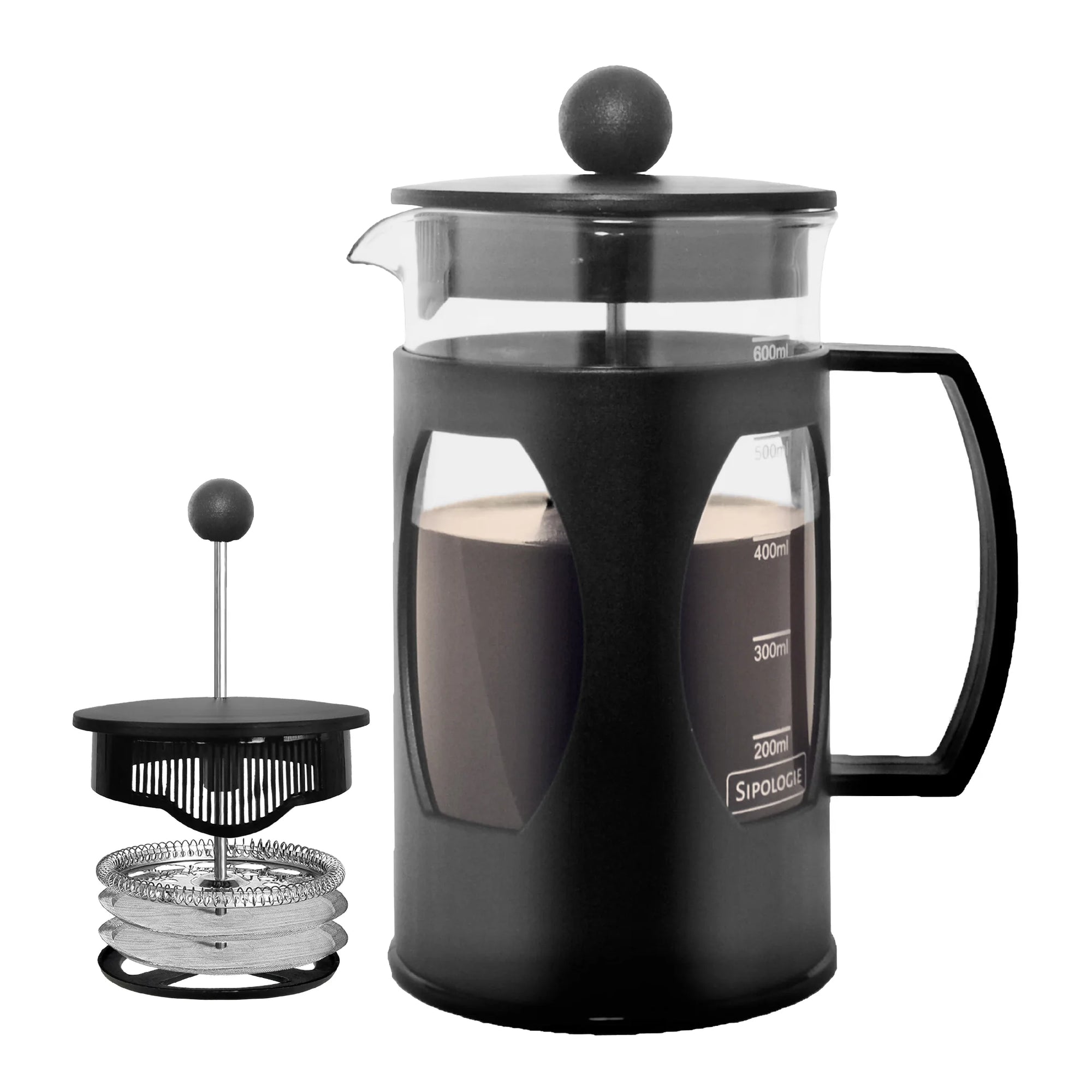 Sipologie 600ml borosilicate glass French Press coffee maker with black frame