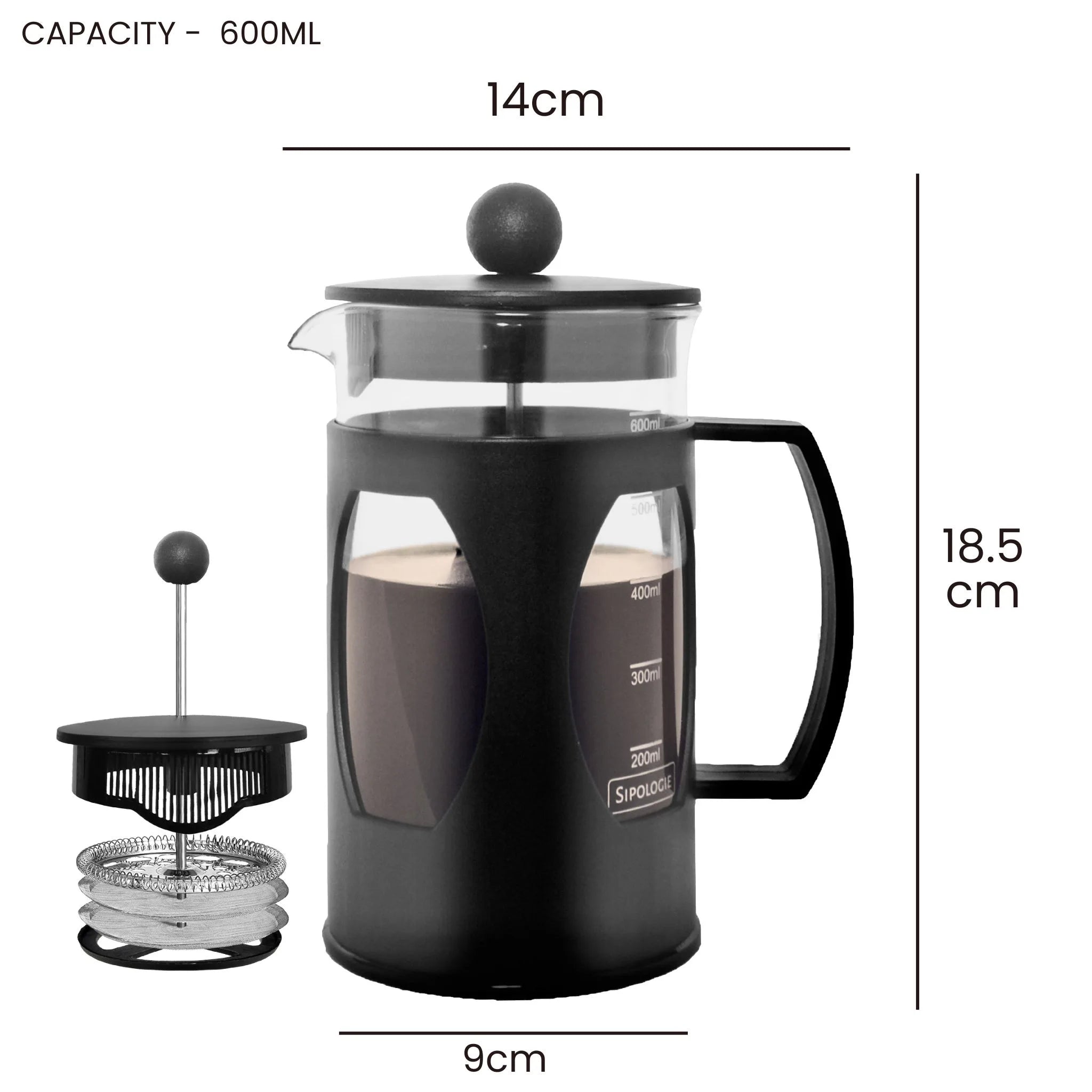 Dimensions of the Sipologie 600ml borosilicate glass French Press coffee maker