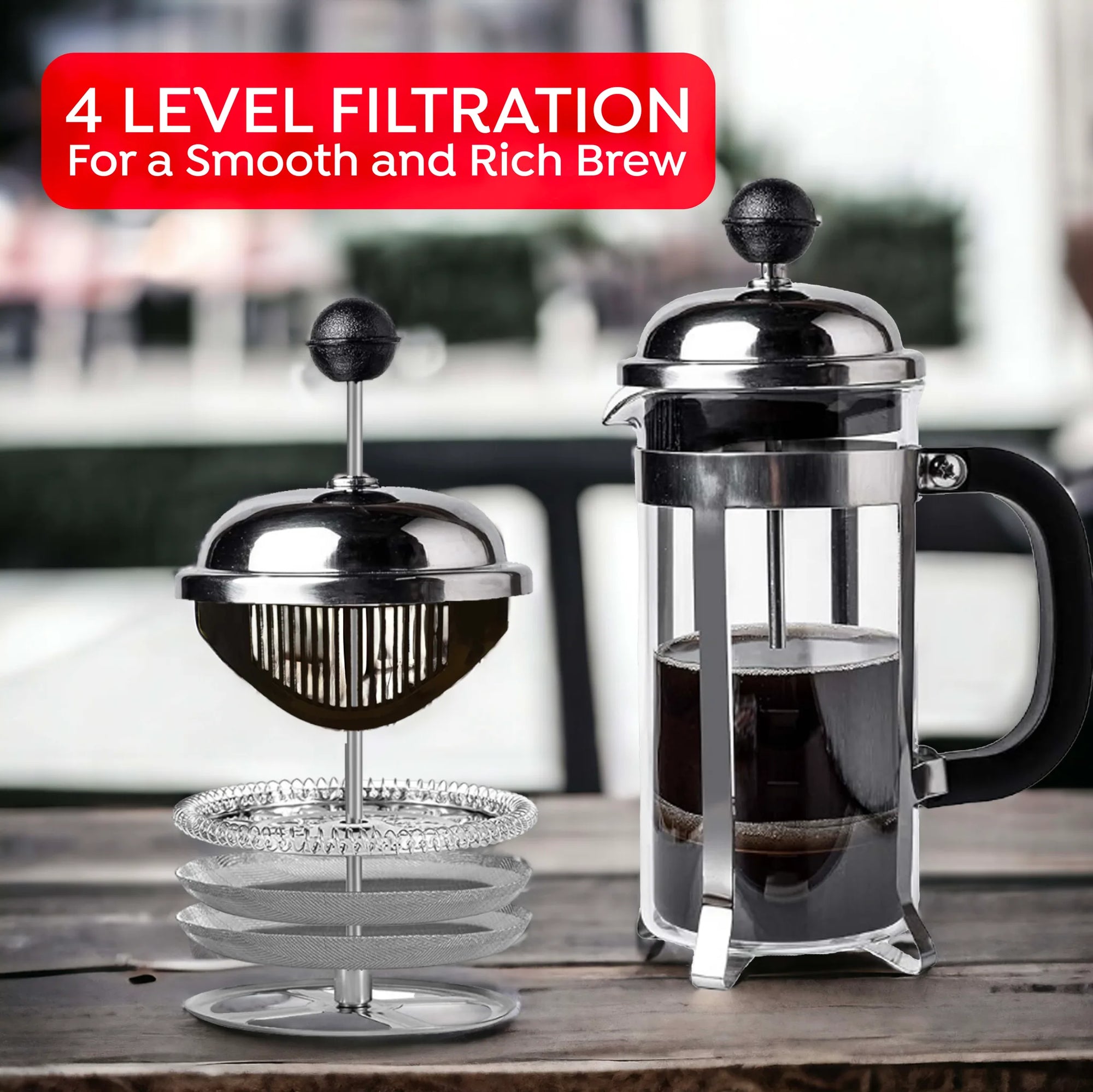 A stainless steel and glass French press coffee maker shown with its filter basket removed and stacked on a stand, alongside another press filled with brewed coffee. A red banner at the top reads '4 LEVEL FILTRATION For a Smooth and Rich Brew.