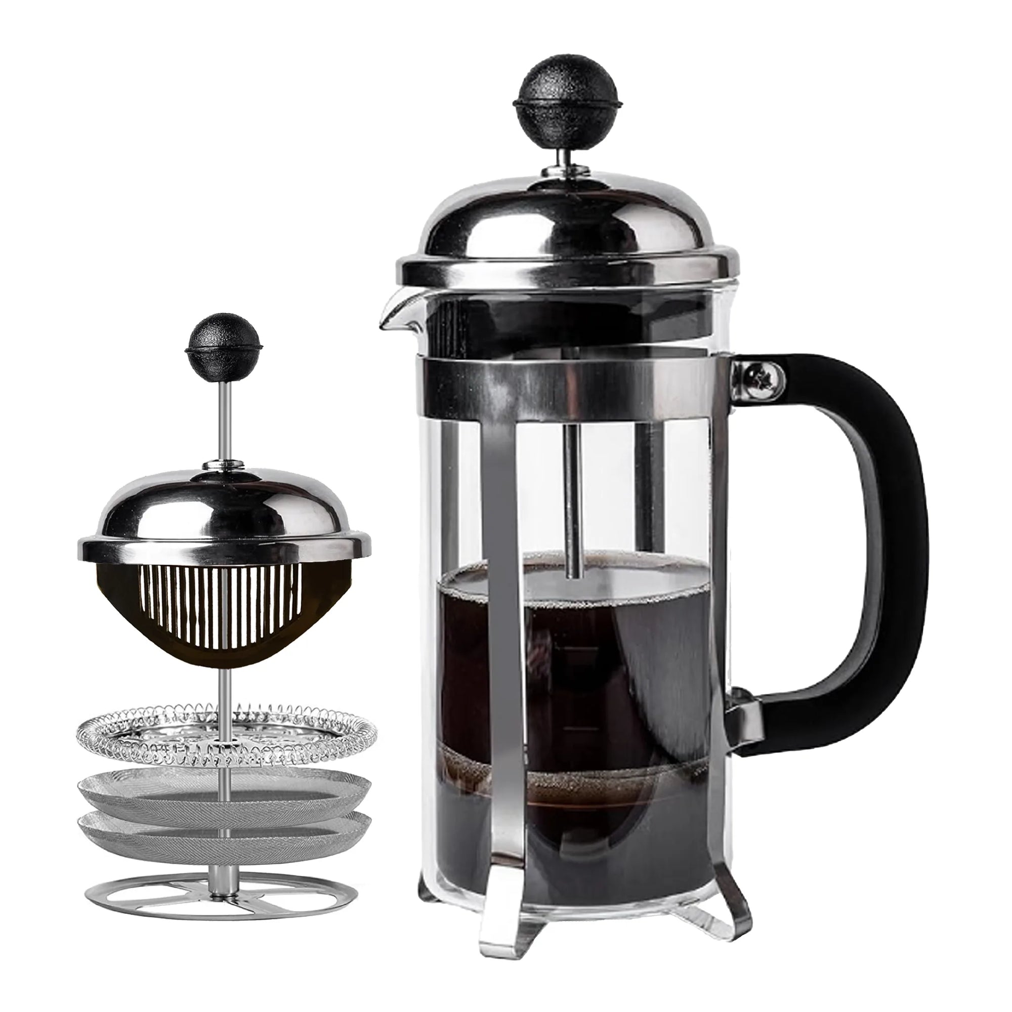 A stainless steel and glass French press with a black handle and black top knob, shown with its lid and strainer basket removed on a white background.