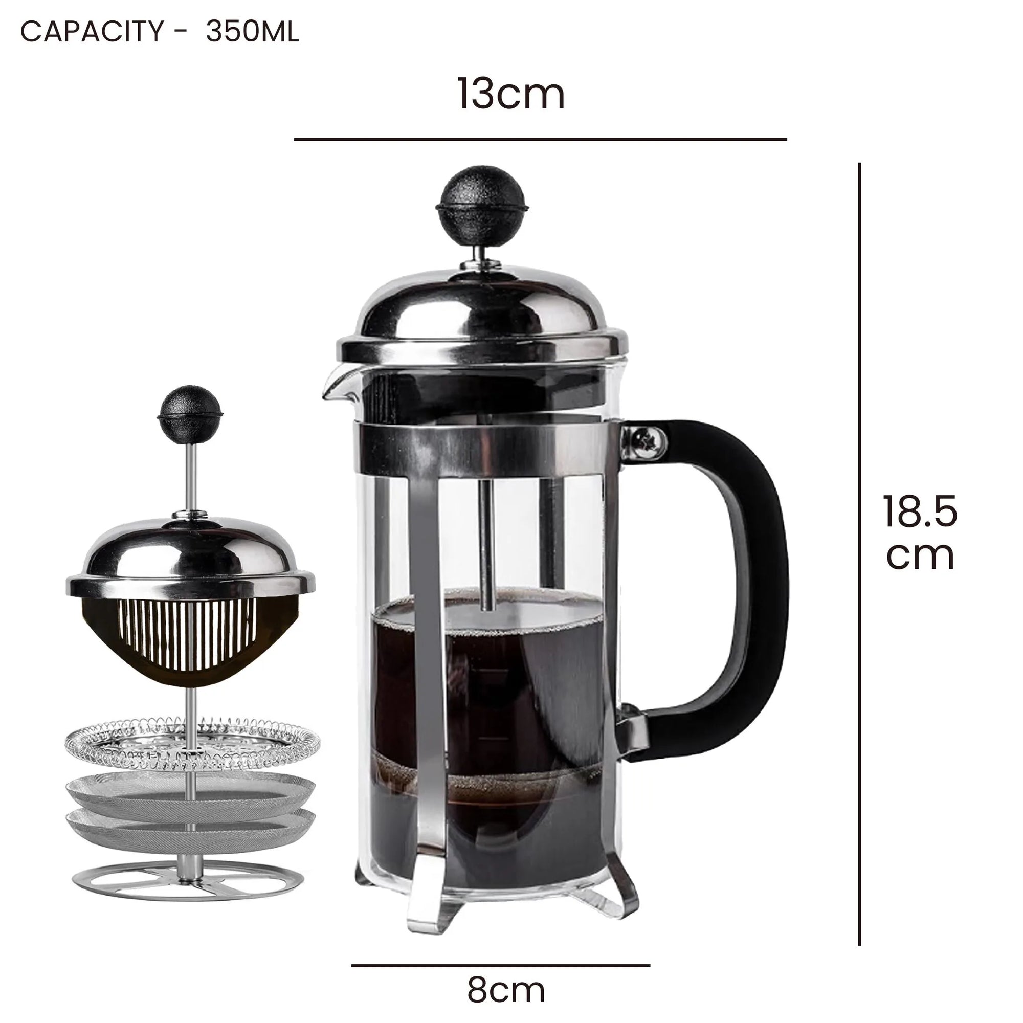 A stainless steel and glass French press coffee maker shown on a white background with dimension labels: 13 cm width, 18.5 cm height, and 8 cm filter area.