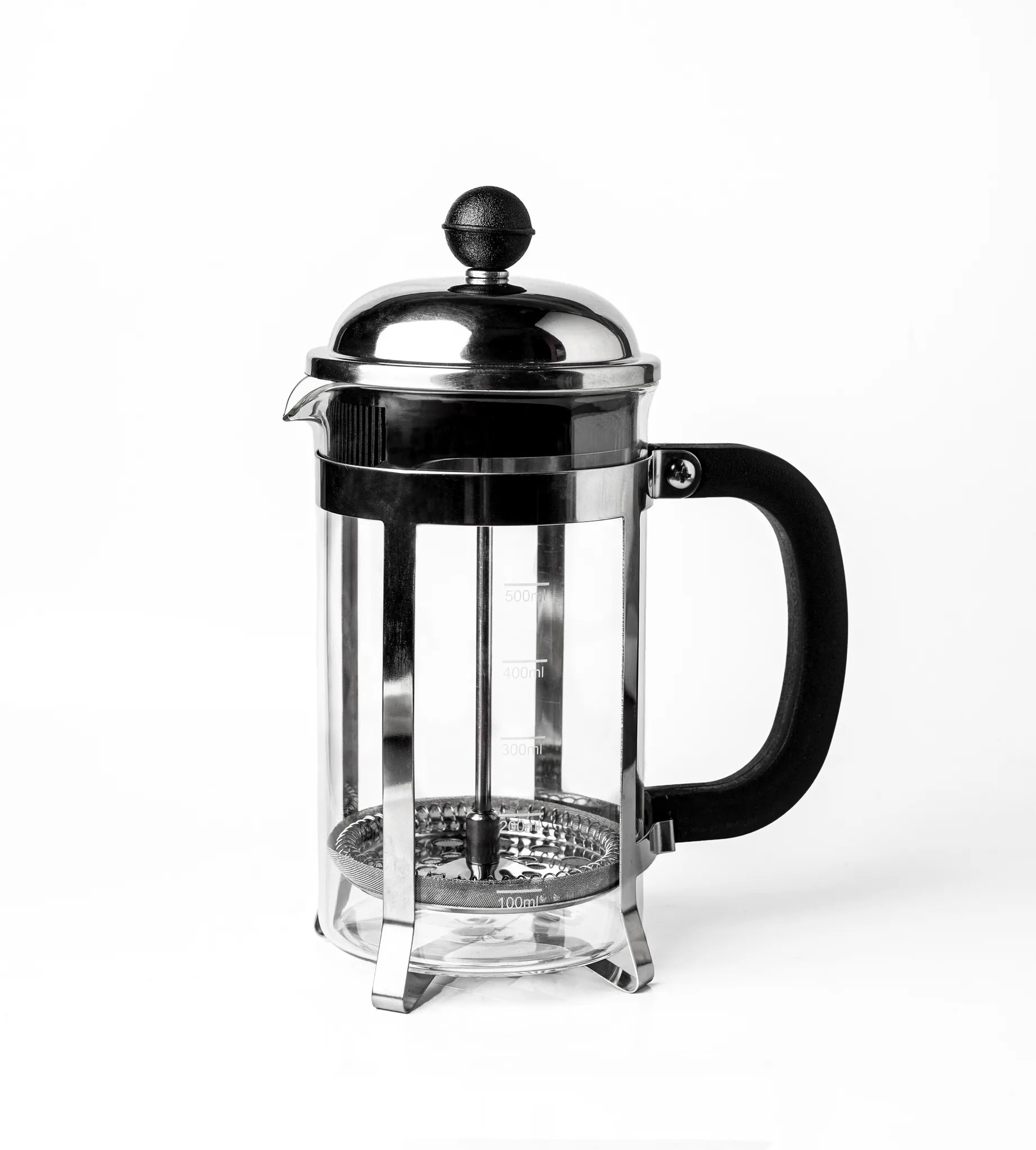 A classic French press coffee maker with a clear glass carafe, polished stainless steel metal body, black plastic handle, and black plunger knob, shown on a white background.