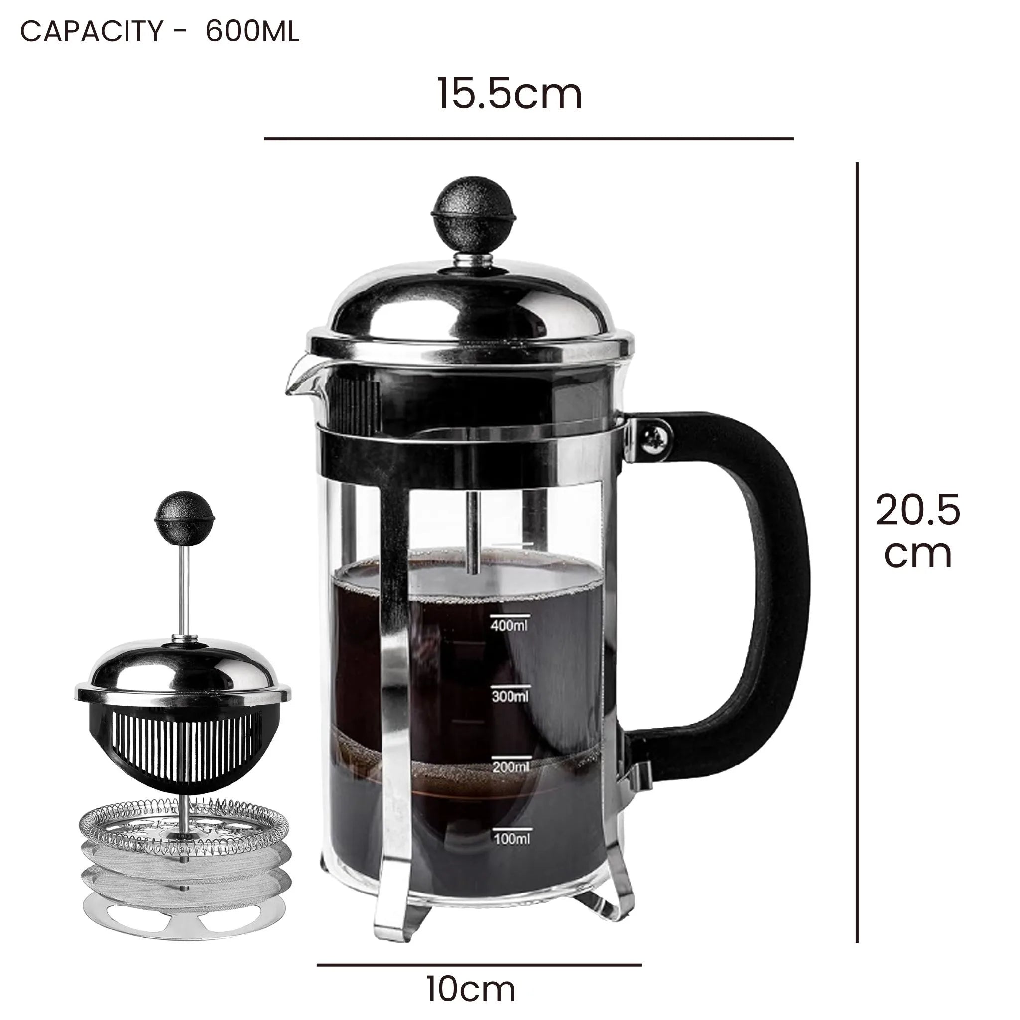 A black and stainless steel French press coffee maker shown on a white background with dimension lines indicating 15.5 cm width, 20.