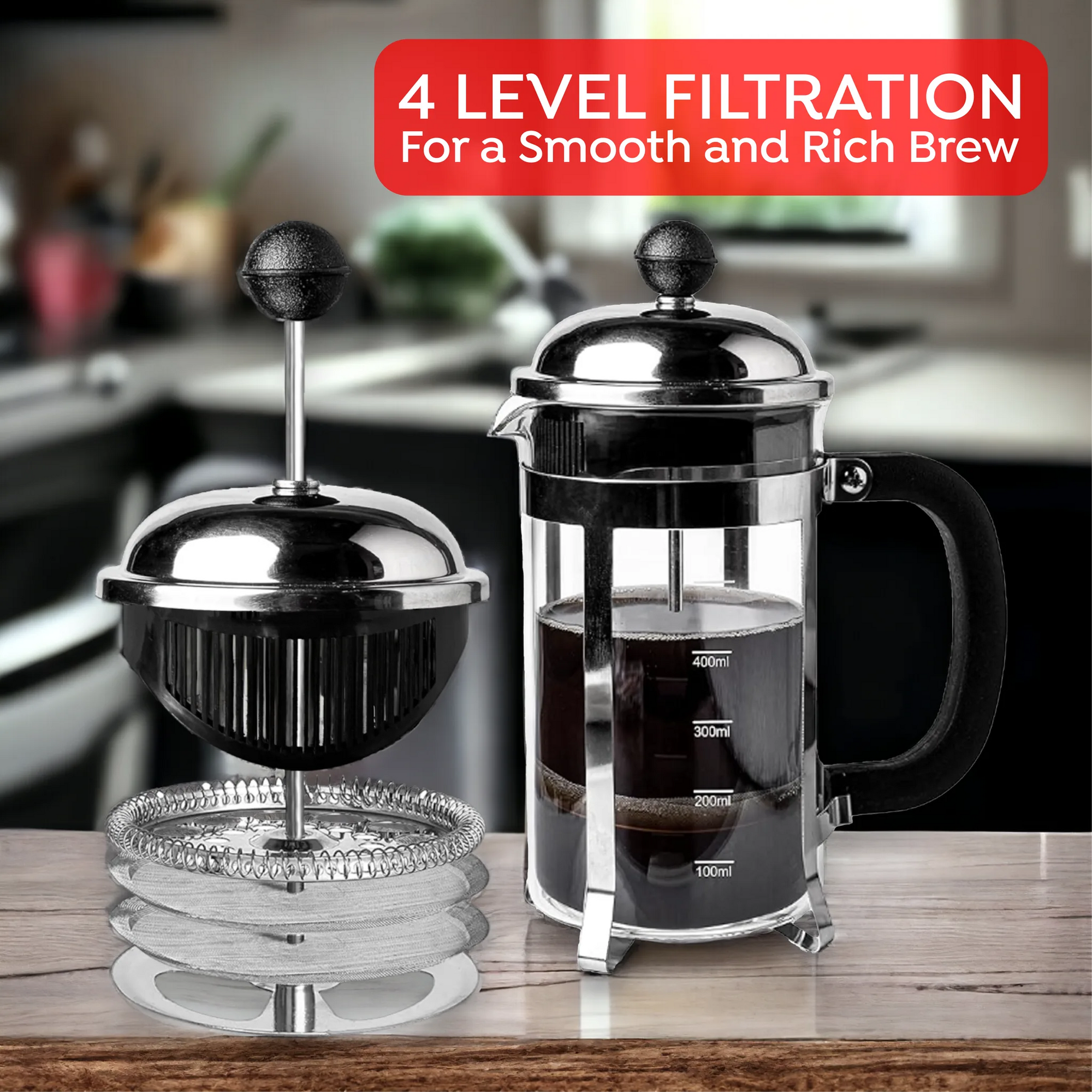 A stainless steel and glass French press coffee maker set on a wooden countertop, with a blurred kitchen background and a red text banner reading '4 LEVEL FILTRATION For a Smooth and Rich Brew'.