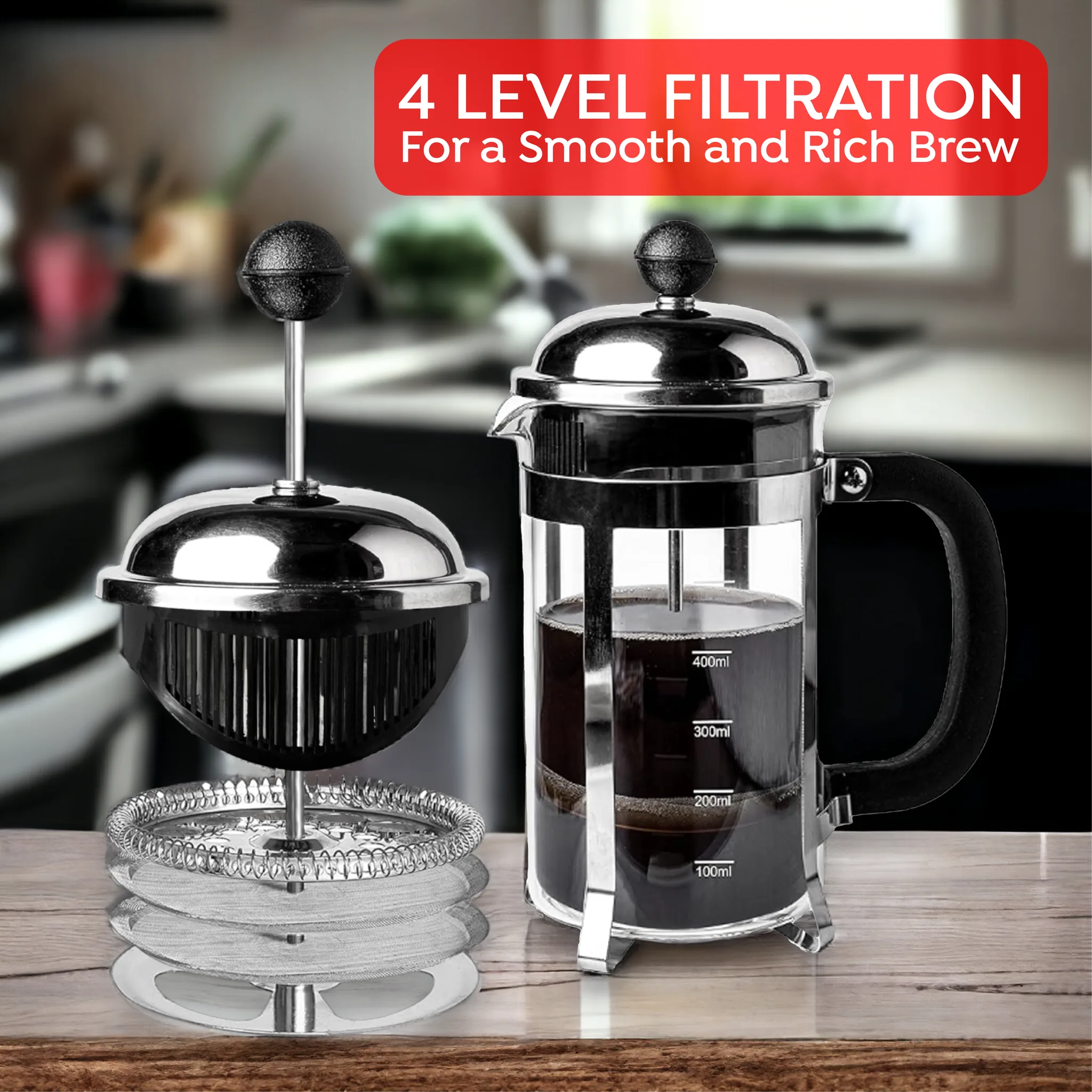 A stainless steel and glass French press coffee maker set on a wooden countertop, with a blurred kitchen background and a red text banner reading '4 LEVEL FILTRATION For a Smooth and Rich Brew'.
