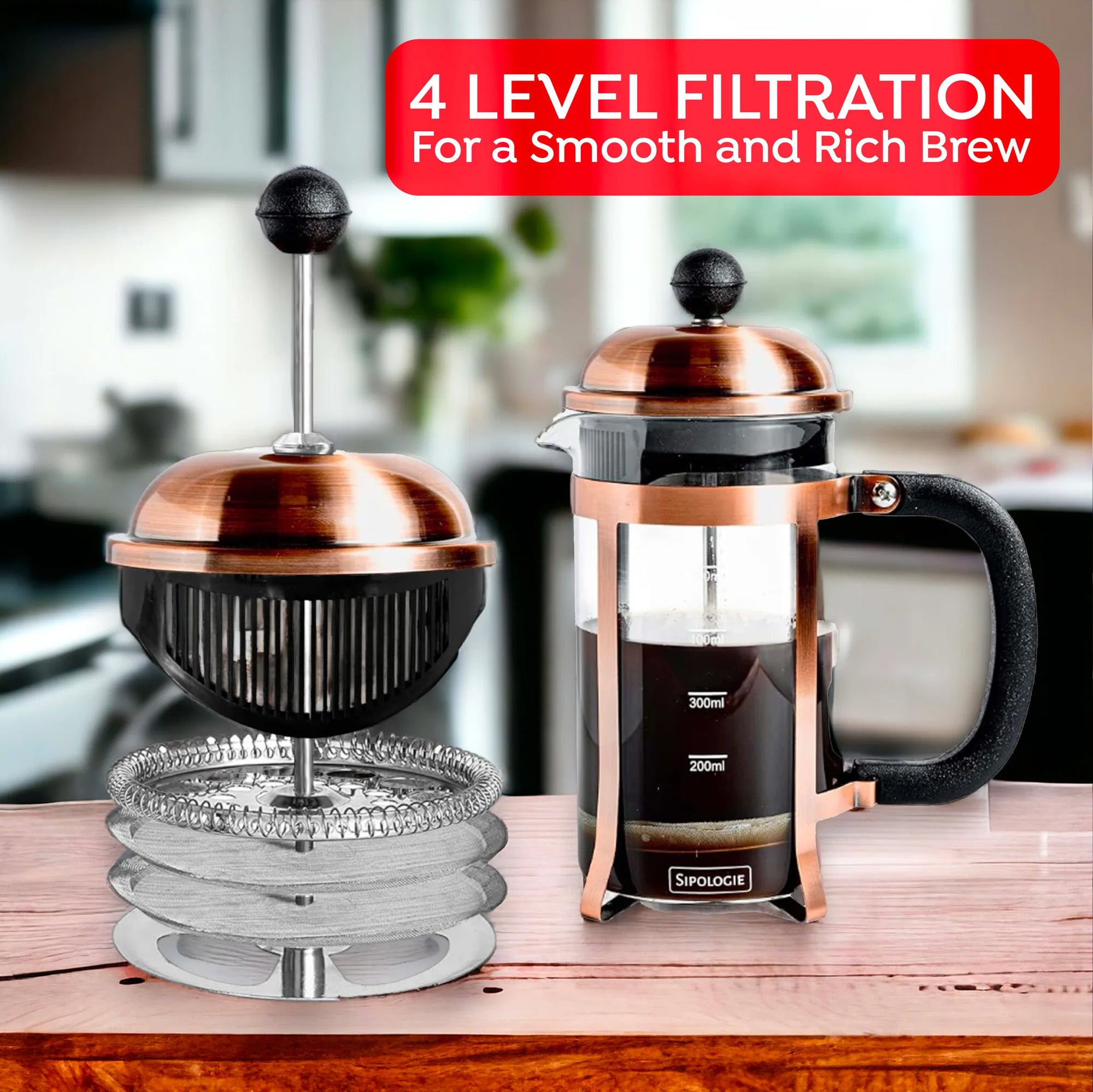 A coffee brewer set shown on a wooden countertop in a blurred kitchen setting, with a red text banner reading '4 LEVEL FILTRATION For a Smooth and Rich Brew.' The set includes a copper-and-black manual press on the left and a glass coffee maker with copper frame and black handle on the right.