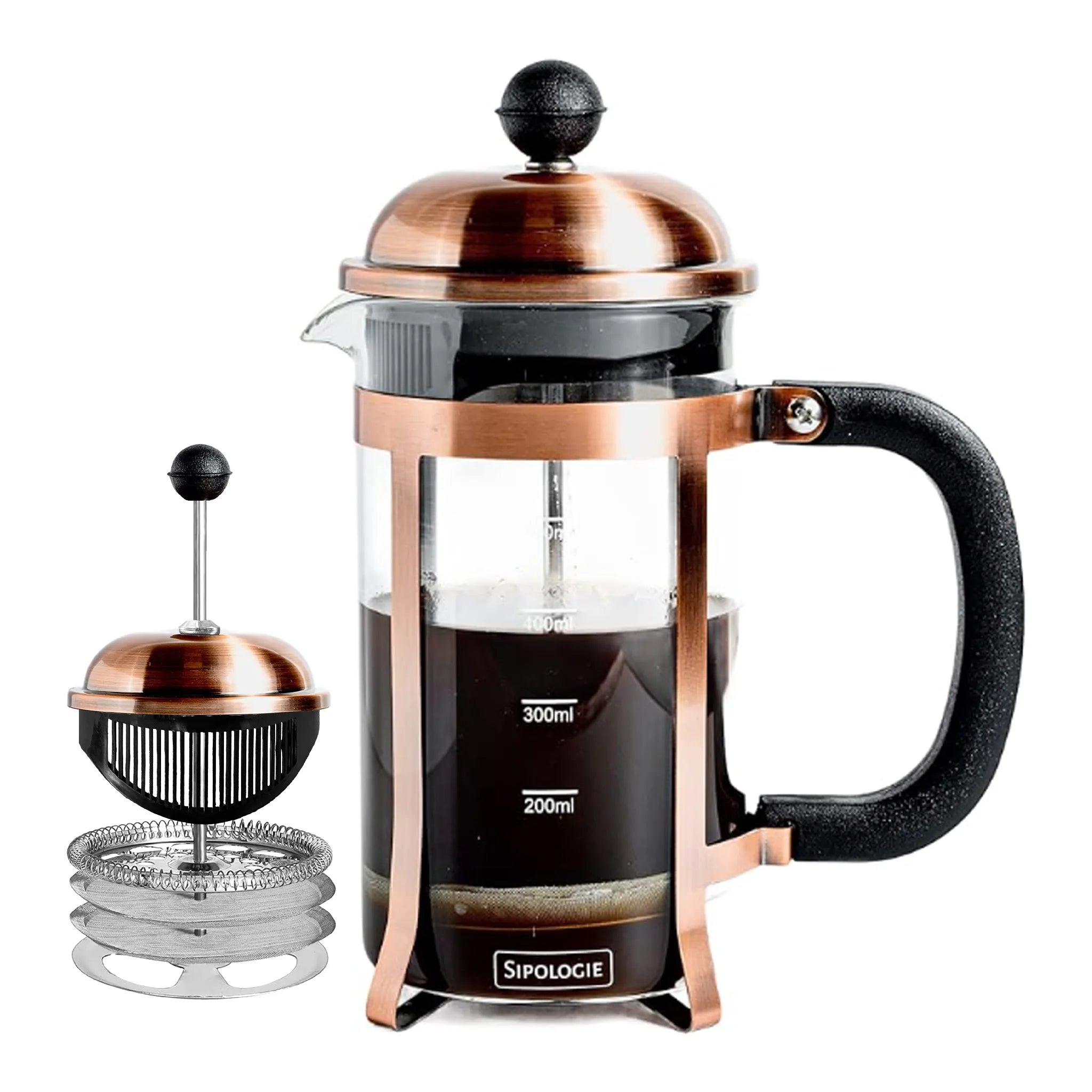 A copper-finished glass French press with a black handle and lid knob, shown with the press detached on the left against a white background. The word SIPOLOCIE is visible on the front.