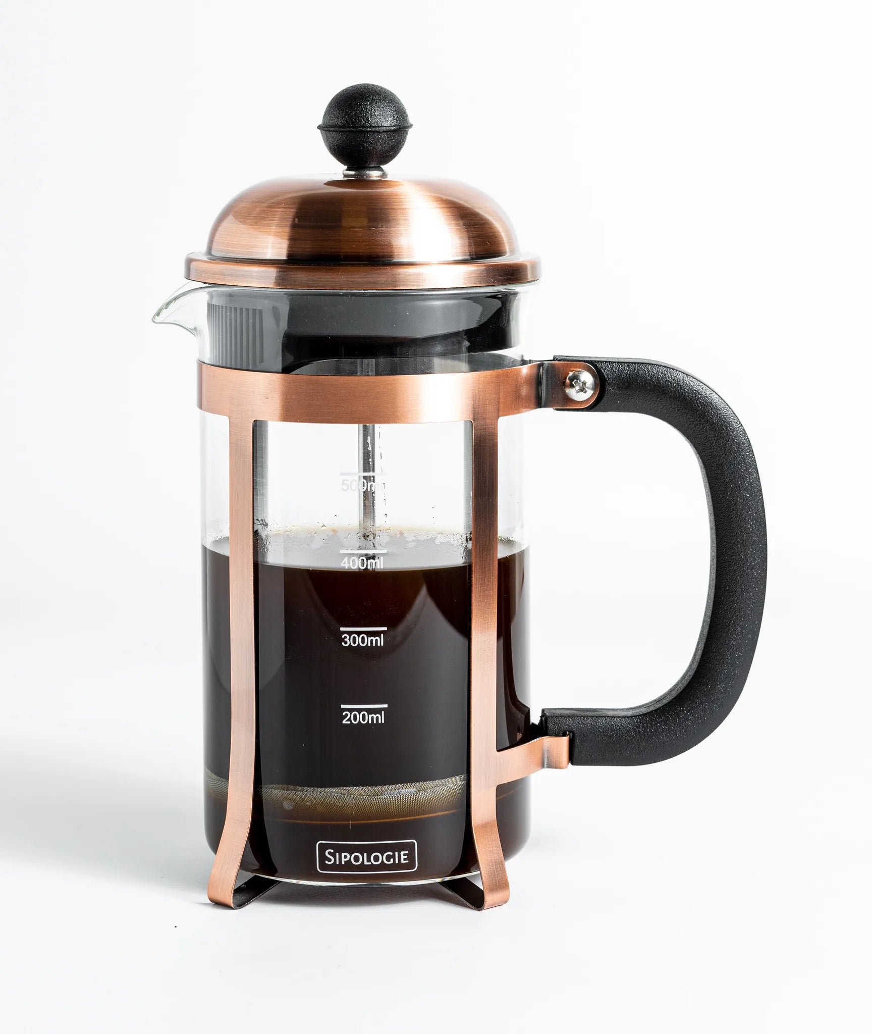 A SipoLogie French press coffee maker with a copper-colored metal frame and lid, a clear glass body, and a black handle, filled with dark coffee, on a white background.