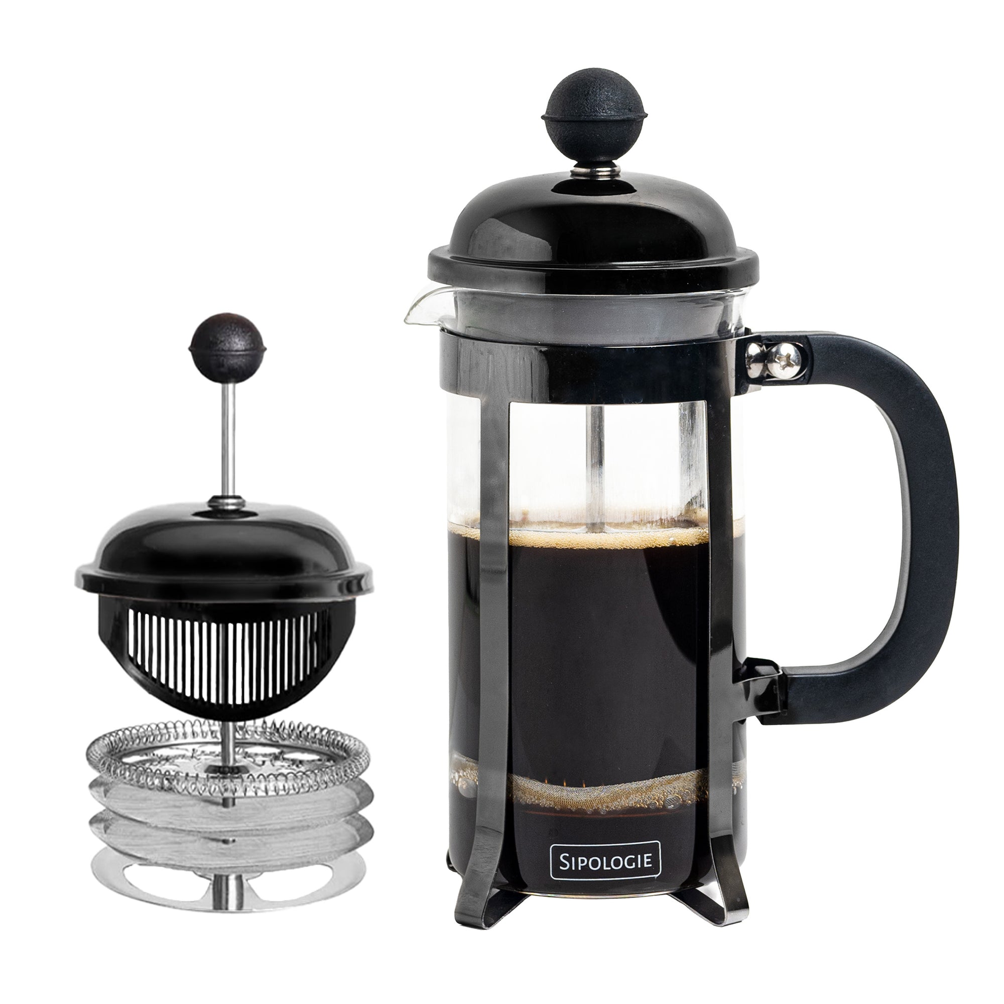 A black Sipologie French press with a clear glass chamber filled with coffee, shown alongside its detached metal plunger assembly on a white background.