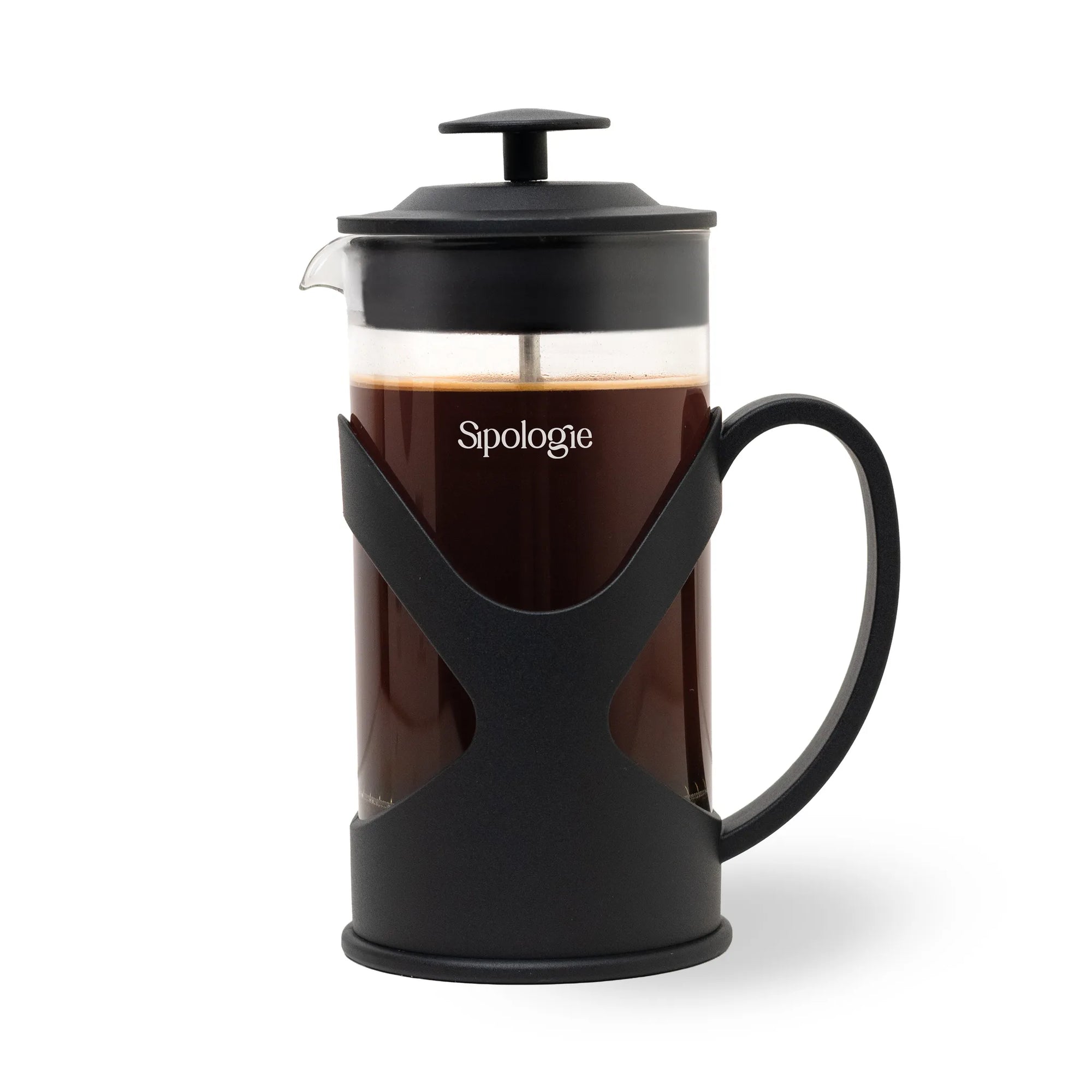 A black French press coffee maker with a clear glass cylinder filled with dark coffee, featuring a black handle, lid, and base, and the brand name 'Sipologie' printed on the glass. It is photographed on a clean white background with a soft shadow.
