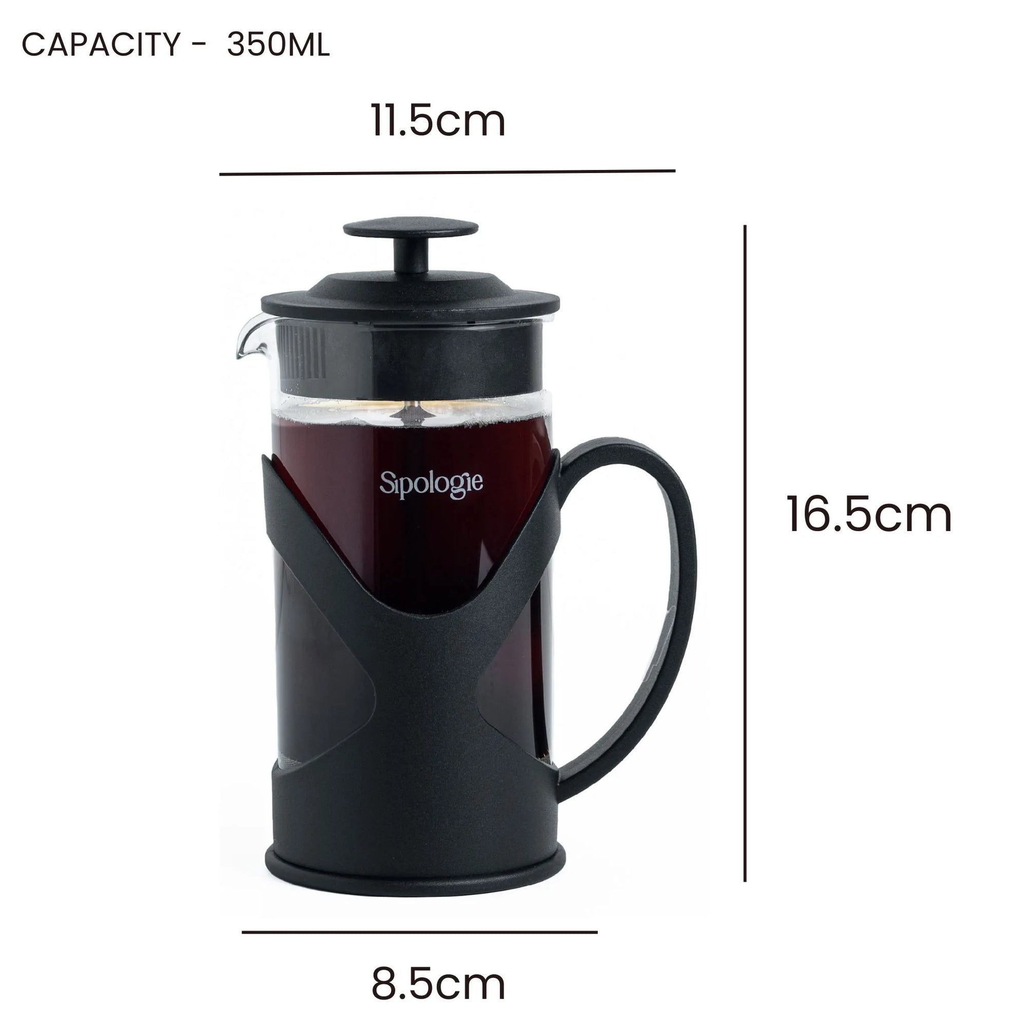 A black Spologue French press with a glass carafe filled with dark coffee, shown with dimension lines and text indicating capacity 350ML and measurements 11.5cm, 16.