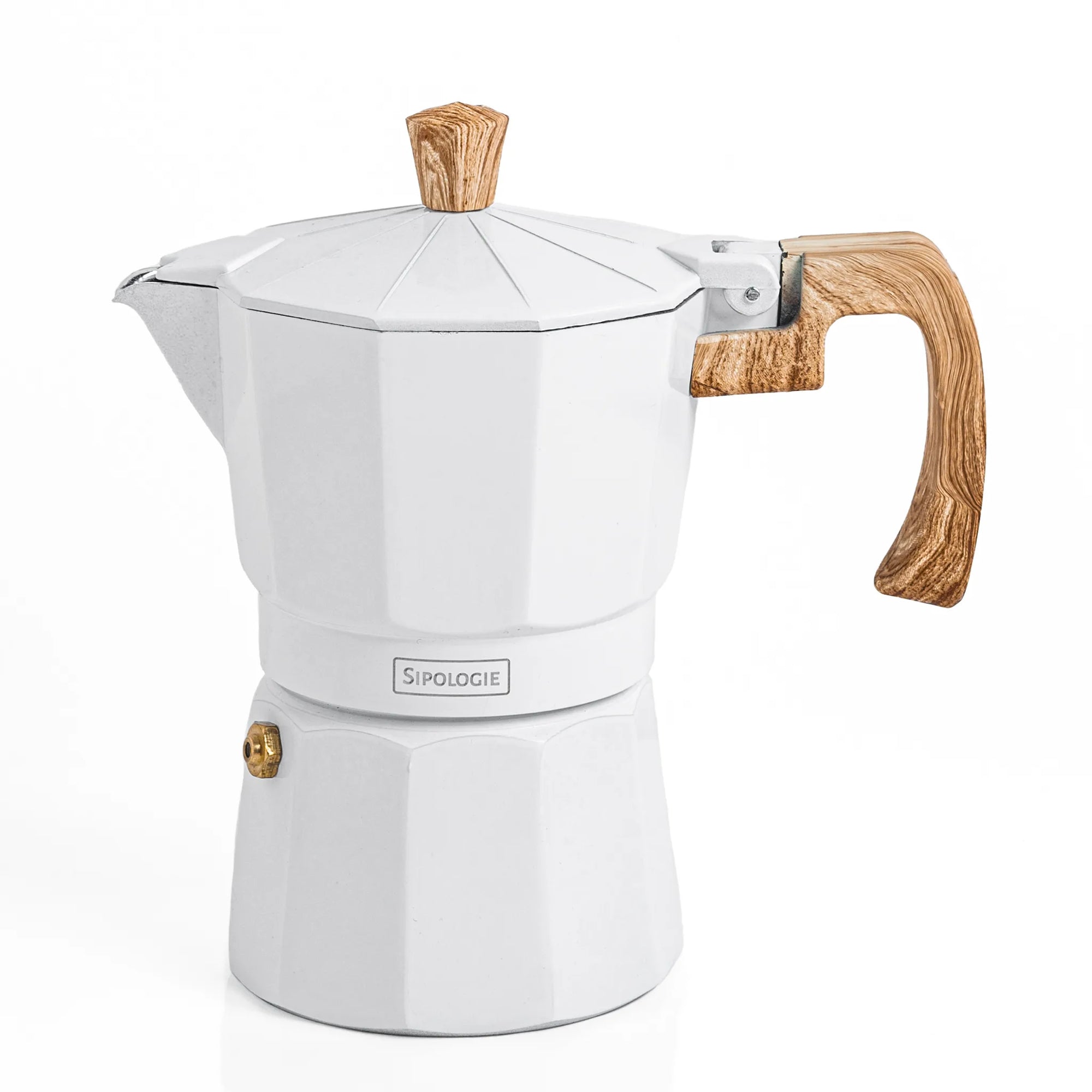 A white aluminum moka pot with a light brown wood-grain handle and lid knob, featuring a silver brand plate that reads 'SIPOLOGIE'.