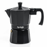 A black aluminum moka pot espresso maker with a hexagonal design, featuring the brand name 'SIpologie' printed in white on the middle band, set against a plain white background.