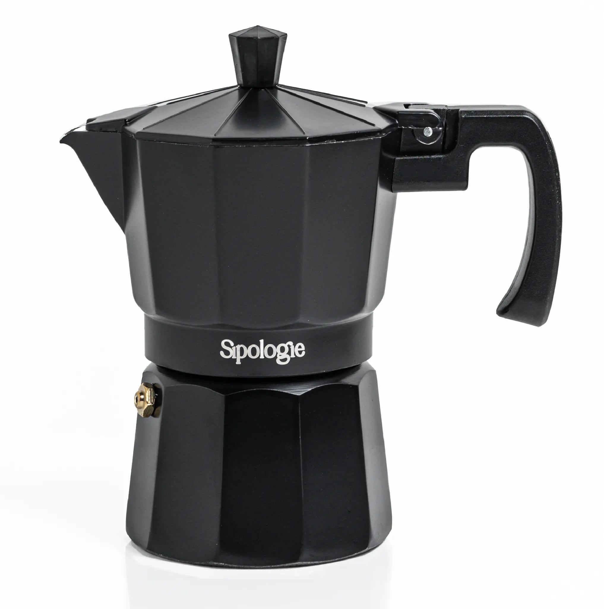 A black aluminum moka pot espresso maker with a hexagonal design, featuring the brand name 'SIpologie' printed in white on the middle band, set against a plain white background.