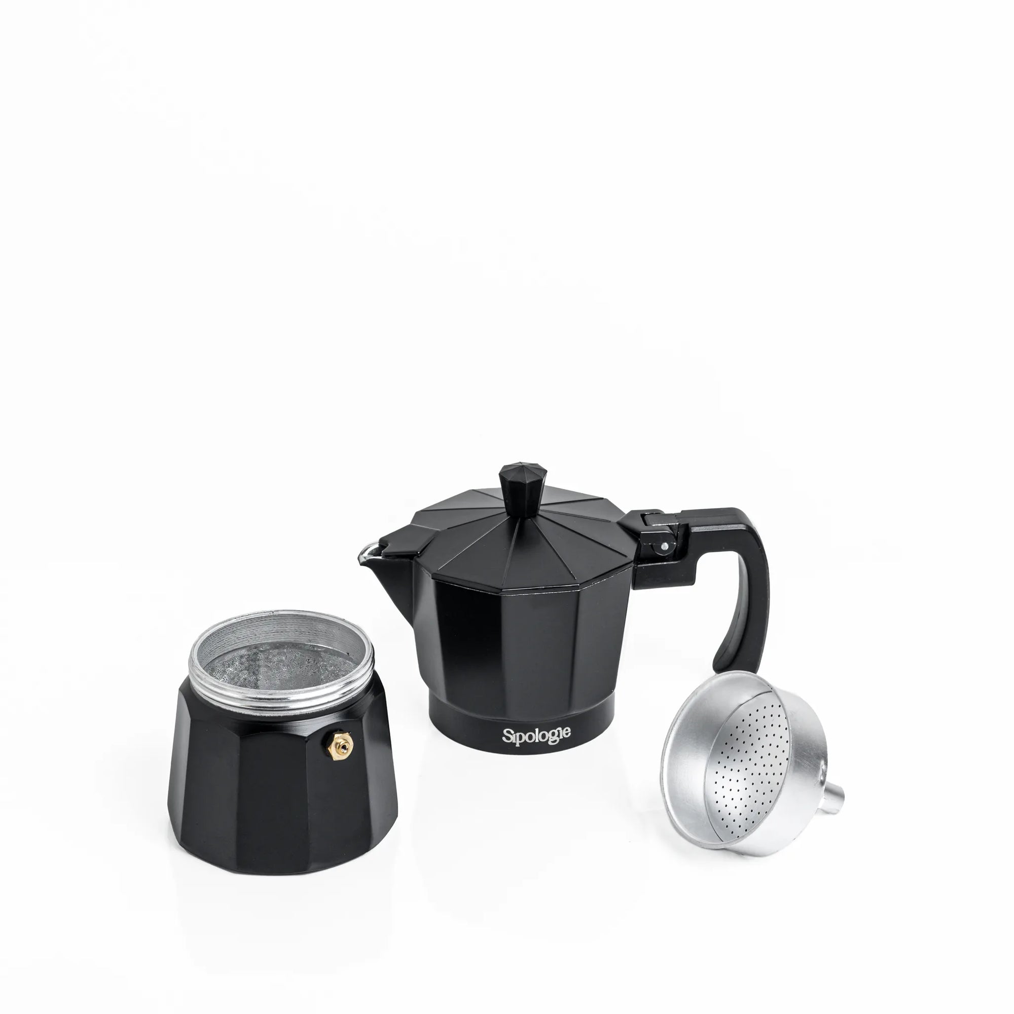 A black aluminum moka pot with its lid and metal filter removed, displayed on a clean white background. The brand name 'Sipologie' is visible on the pot.