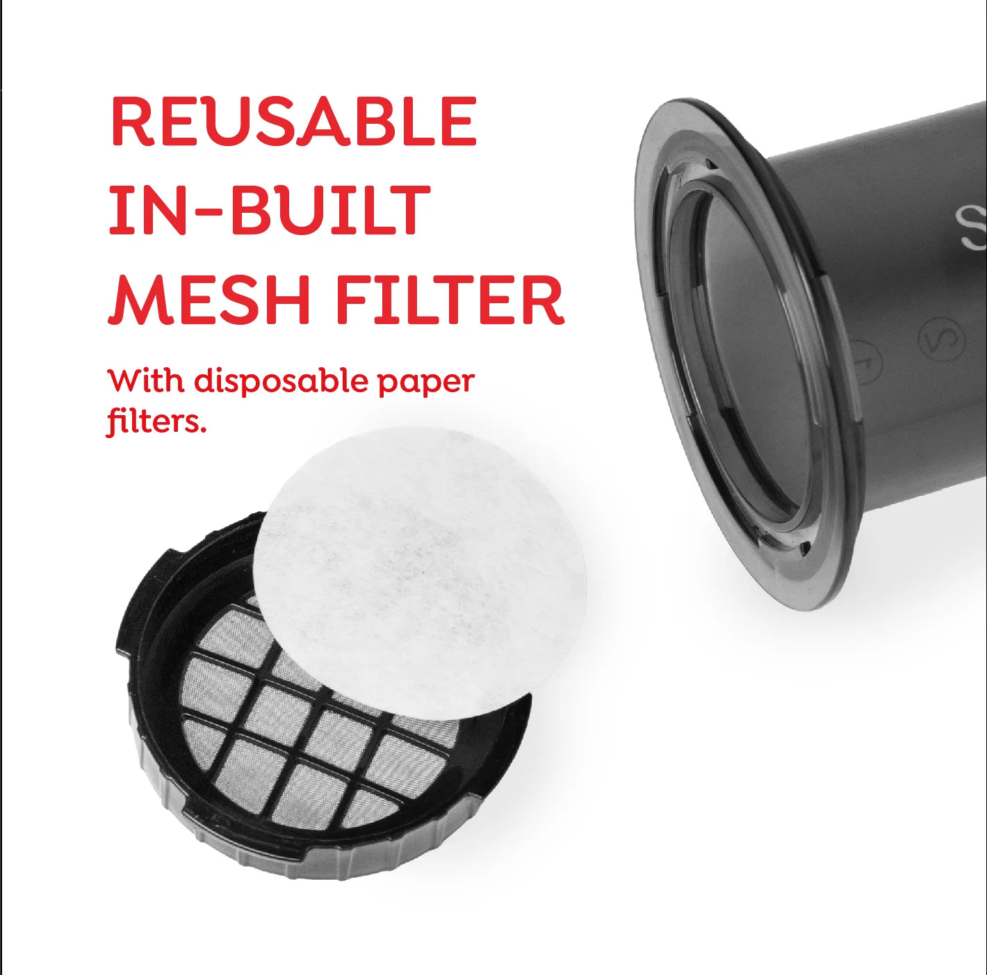 Reusable mesh filter Aeropress with disposable paper filters and text highlighting features on a white background.