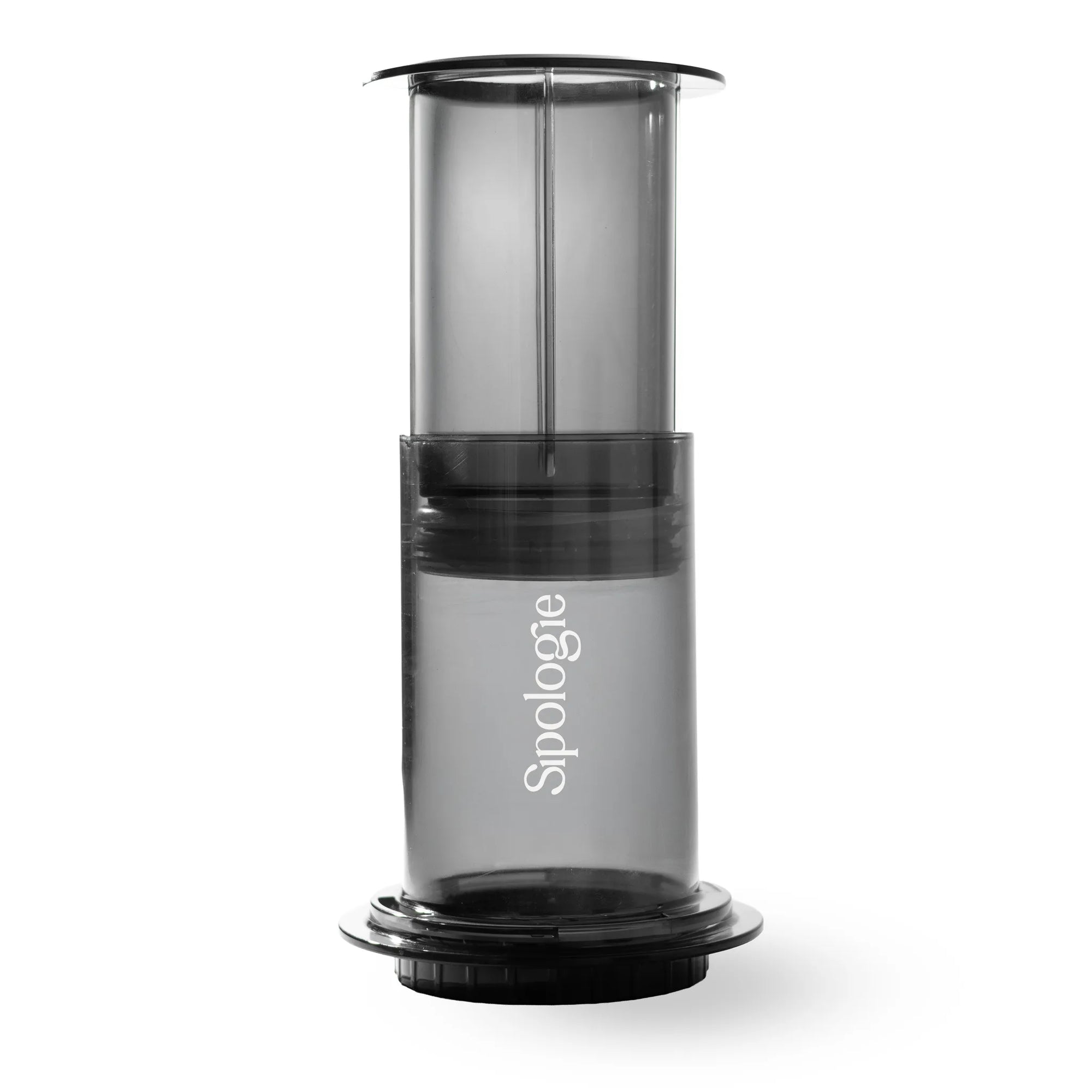 A Sipologie transparent smoky gray coffee filter percolator with a black base and top lid, shown on a clean white background.