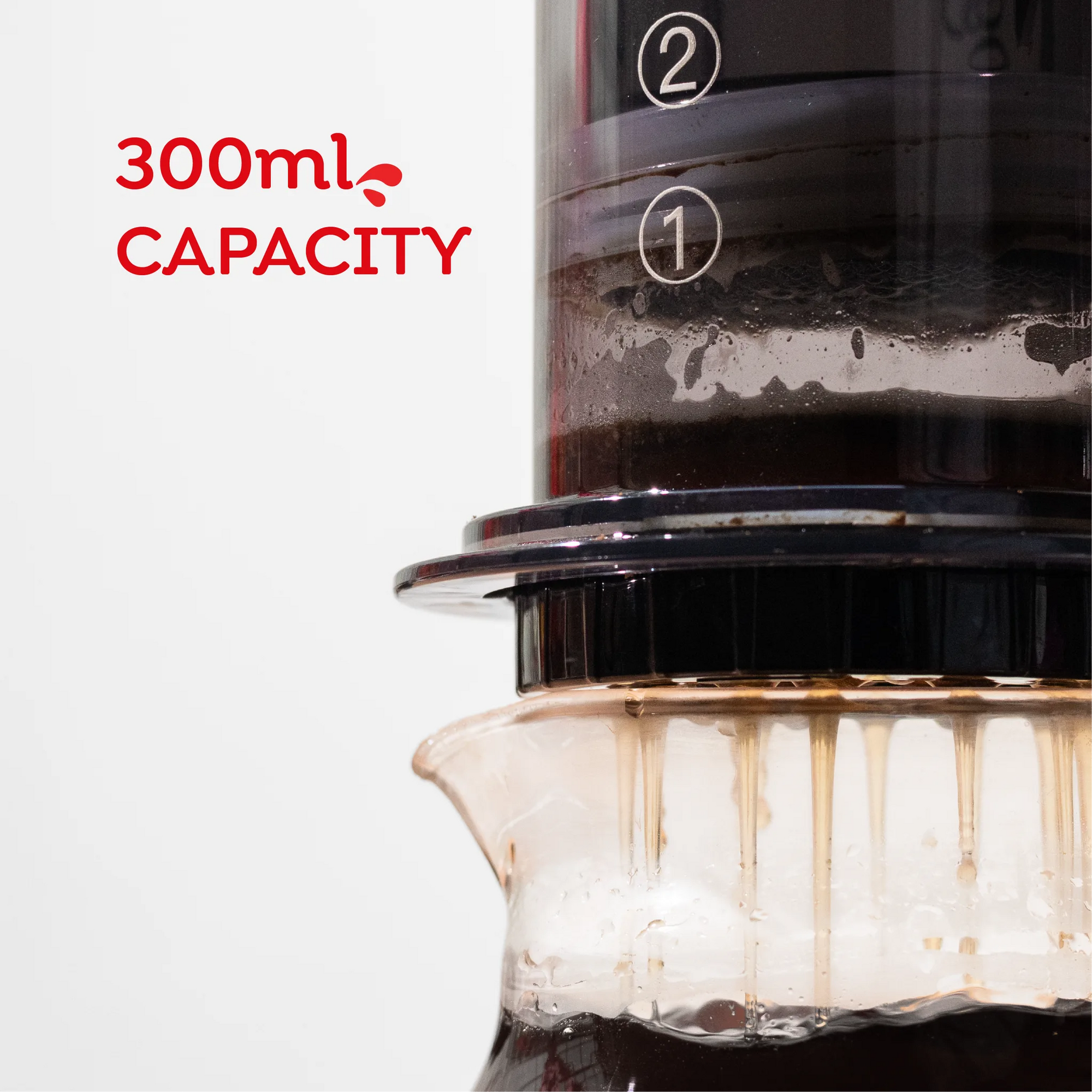 Close-up of a pour-over coffee maker with a clear glass dripper and dark plastic upper chamber, showing coffee dripping into a glass carafe. Red text on the left reads '300ml CAPACITY'.
