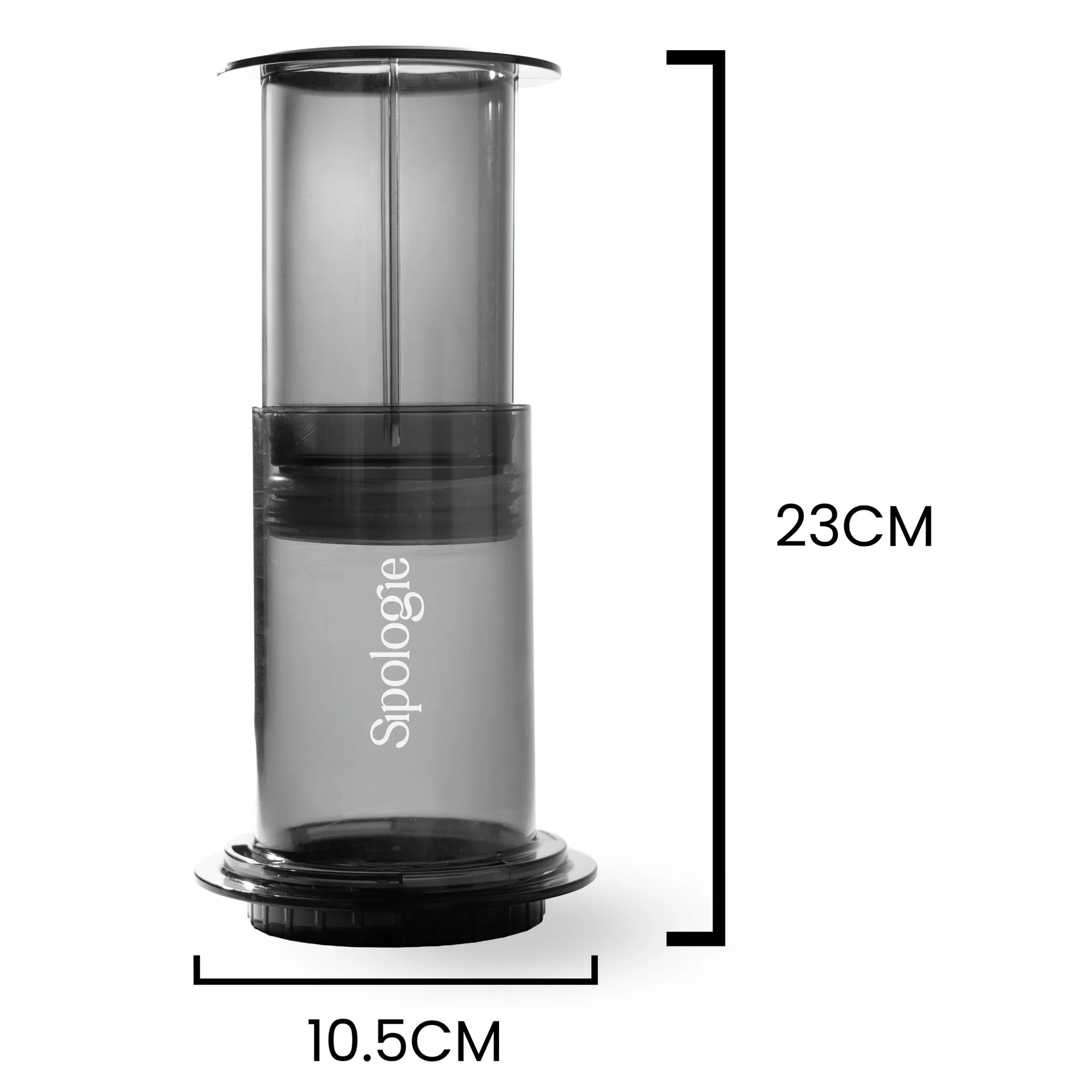 Black coffee maker with dimensions labeled on a white background
