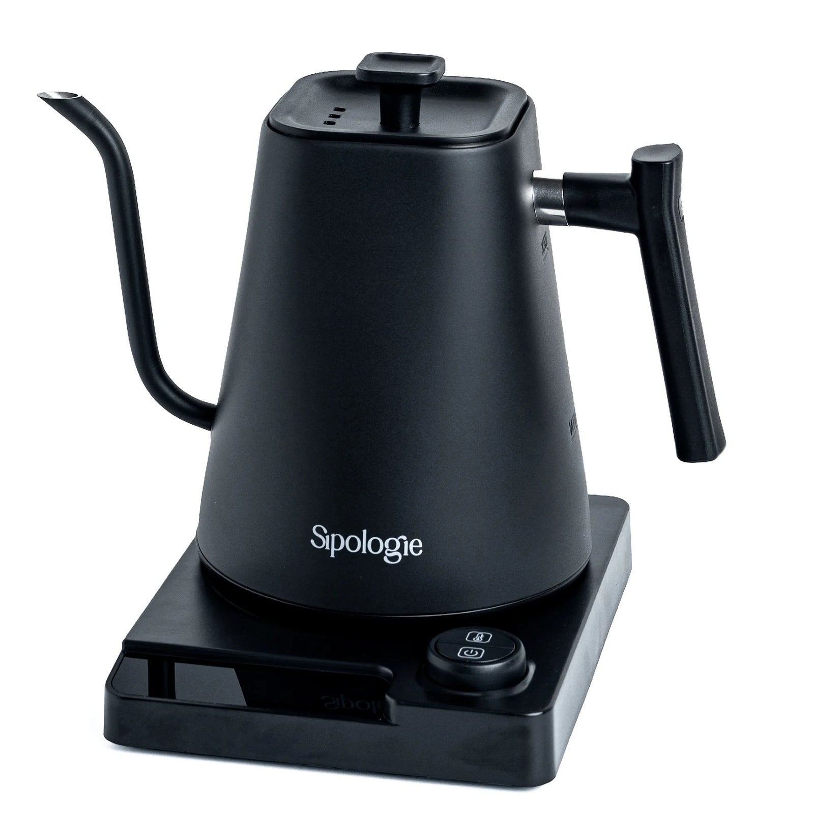 A matte black Sipologie gooseneck kettle with a matching black power base, shown on a clean white background.