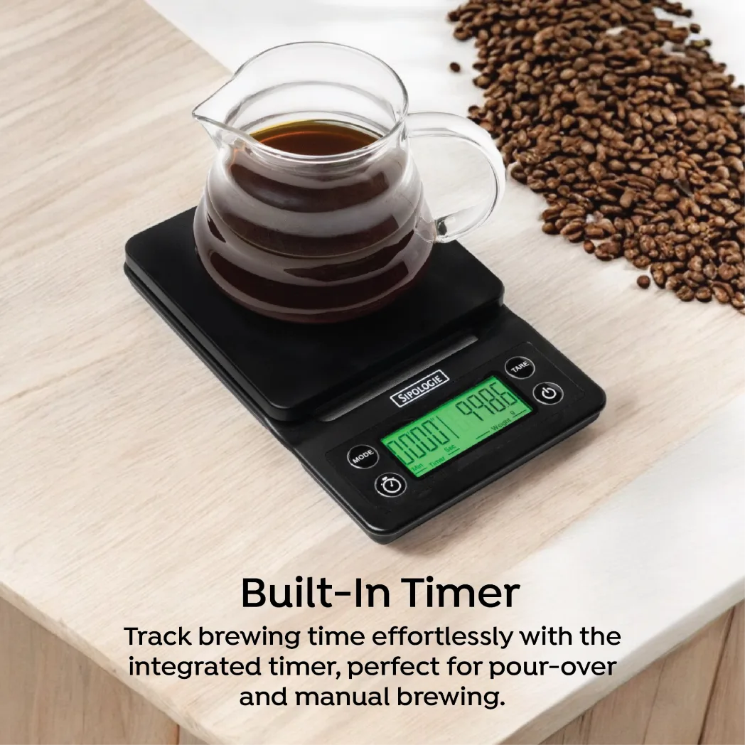 A black digital kitchen scale with a built-in timer, shown on a light wood surface with a glass carafe of coffee on top and scattered coffee beans nearby. Text at the bottom reads 'Built-In Timer' with additional descriptive copy.