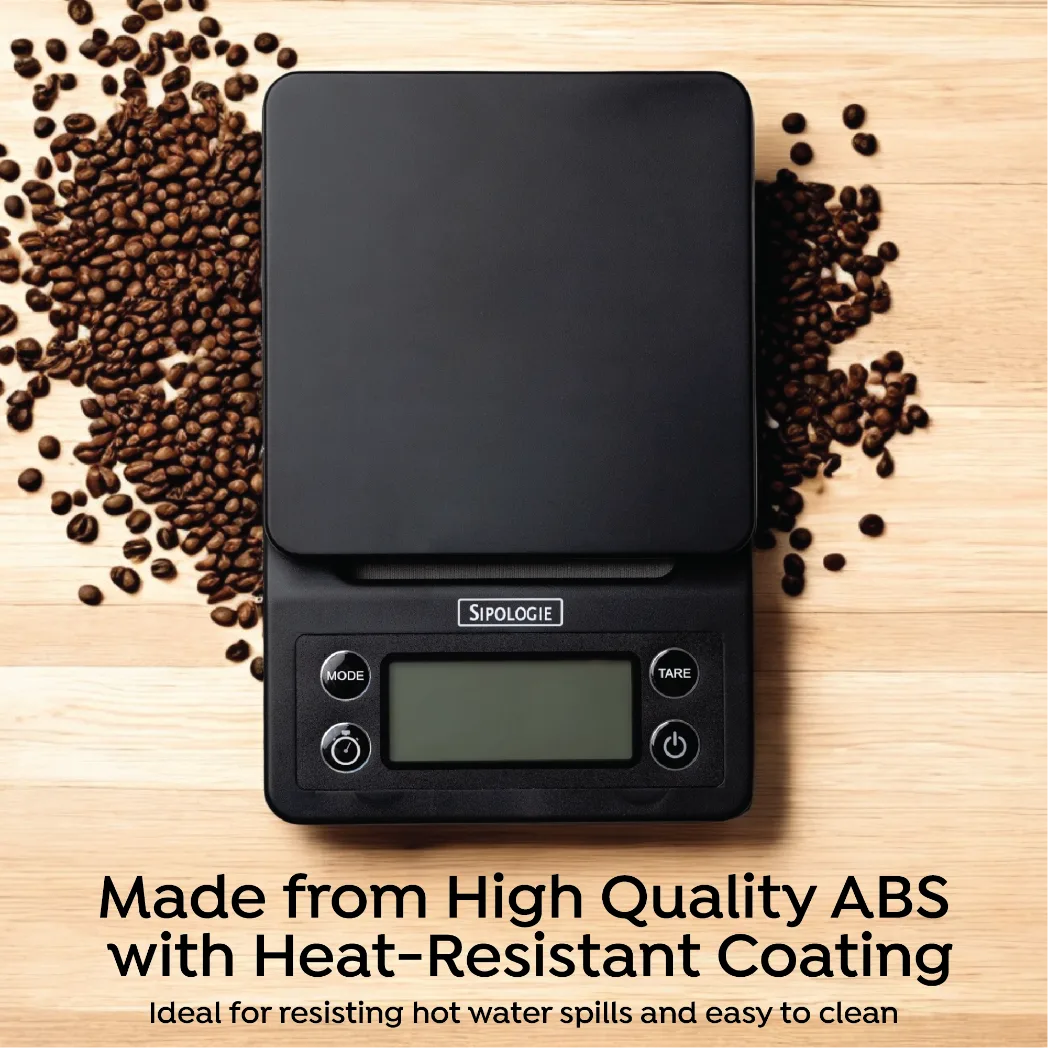 A black SipoLogie digital kitchen scale with an LCD display, shown from a top-down view on a light wood surface surrounded by scattered coffee beans. Text at the bottom reads: 'Made from High Quality ABS with Heat-Resistant Coating' and 'Ideal for resisting hot water spills and easy to clean'.