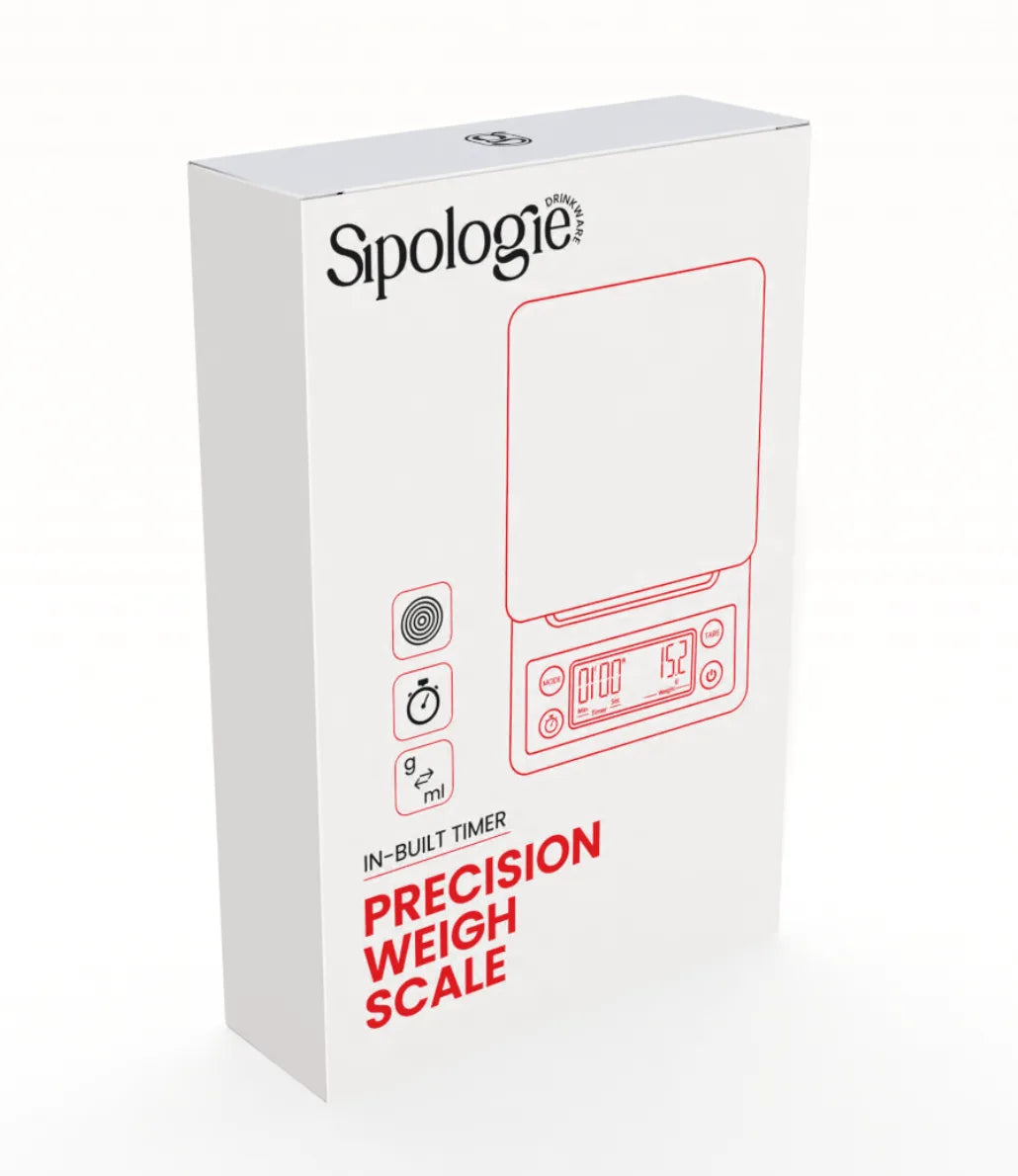 White retail box for a Sipologie precision weigh scale, shown at a slight angle on a clean white background. The packaging features black brand text and red line art of the scale, with red text reading 'PRECISION WEIGH SCALE'.