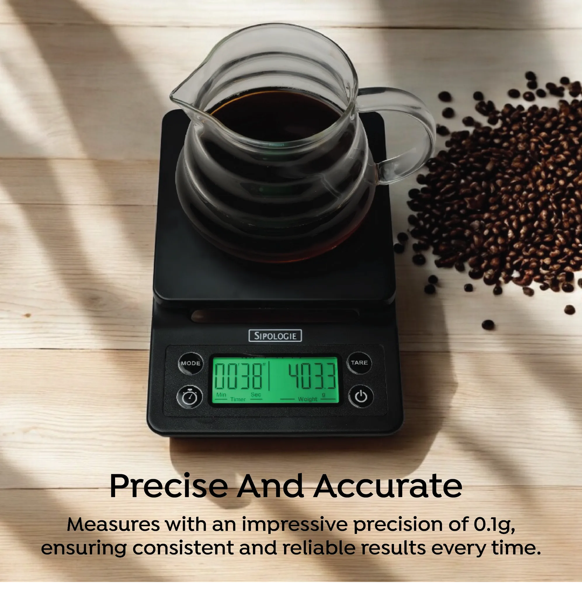 A black digital kitchen scale with a glass carafe of coffee on top, placed on a light wood surface with scattered coffee beans. Text at the bottom reads 'Precise And Accurate' with additional descriptive copy.