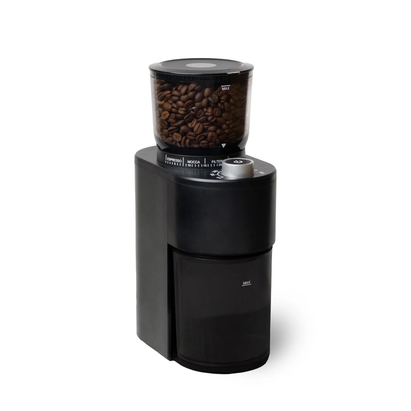 A black coffee grinder with a clear bean hopper filled with coffee beans, shown on a solid white background.
