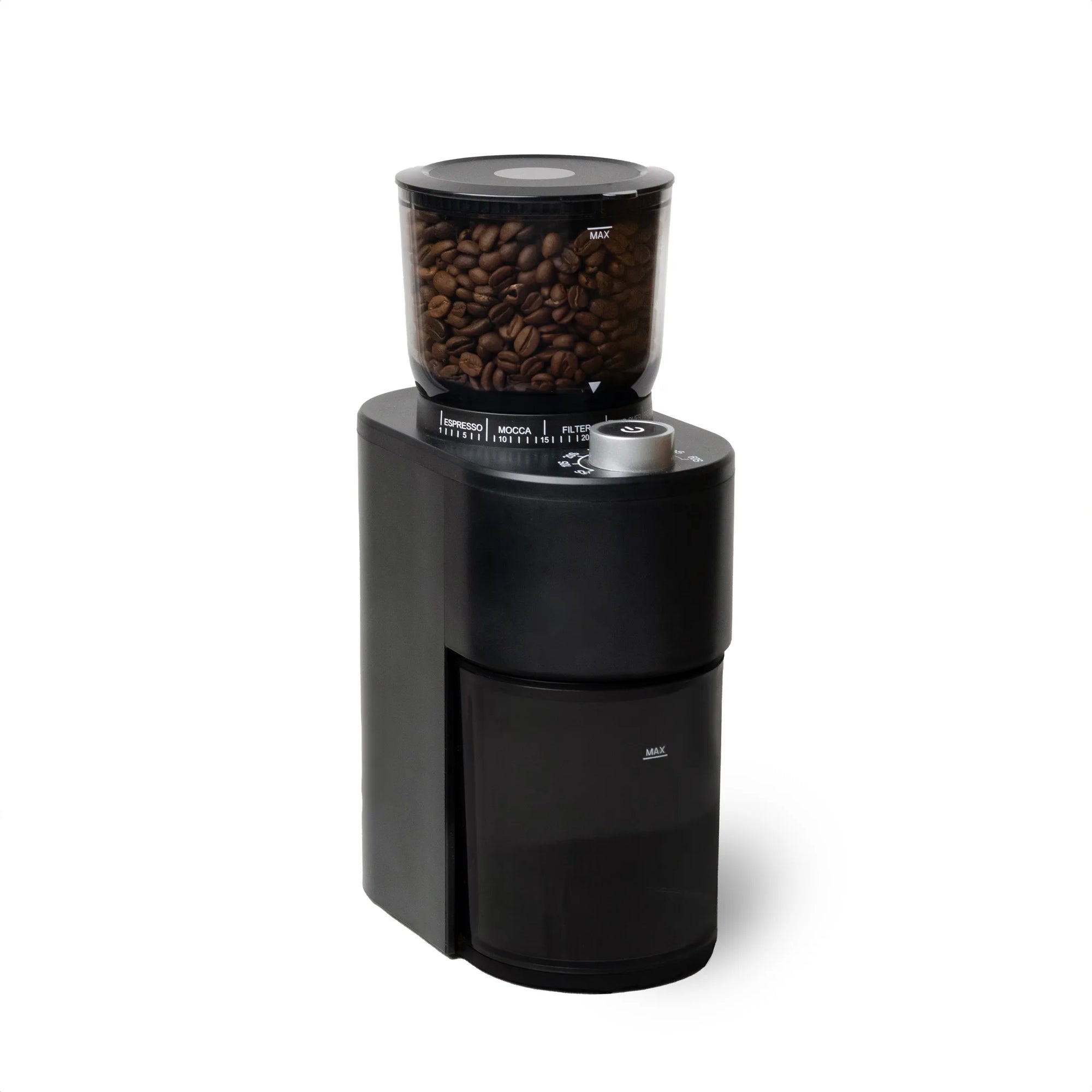 A black coffee grinder with a clear bean hopper filled with coffee beans, shown on a solid white background.