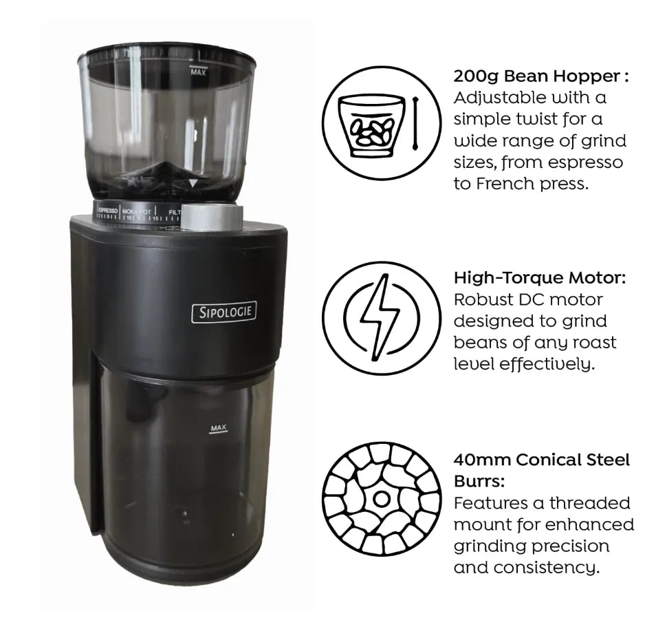 A black SIpologie coffee grinder with a clear bean hopper, shown on a white background with three feature callout graphics and text describing the 200g bean hopper, high-torque motor, and 40mm conical steel burrs.