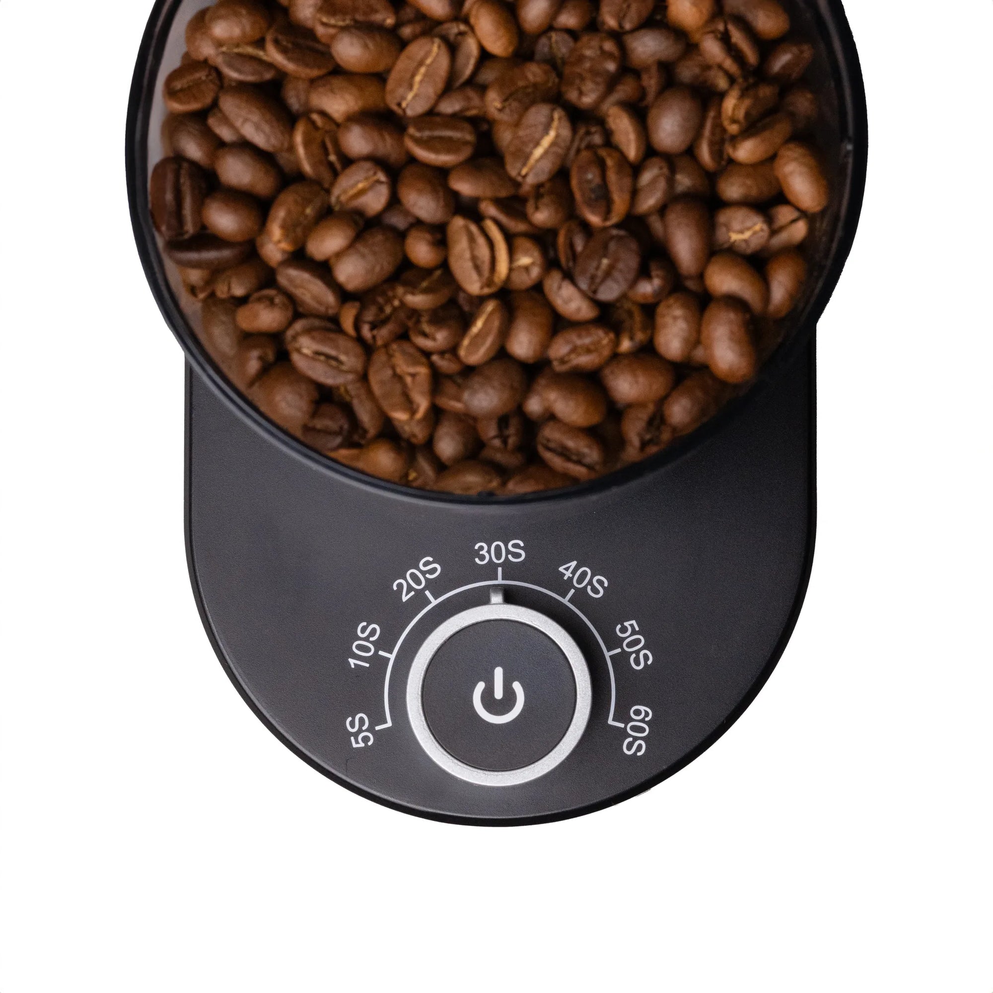 Top-down view of a black electronic coffee grinder filled with roasted coffee beans, shown on a plain white background.