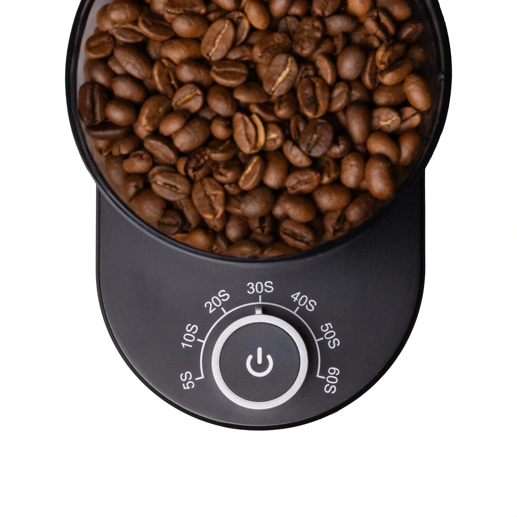 Top-down view of a black electronic coffee grinder filled with roasted coffee beans, shown on a plain white background.