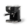 A black and stainless steel espresso machine with a round gauge, control buttons, a portafilter, and a steam wand, shown on a white background.