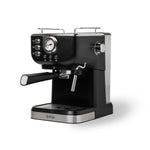 A black and stainless steel espresso machine with a round gauge, control buttons, a portafilter, and a steam wand, shown on a white background.