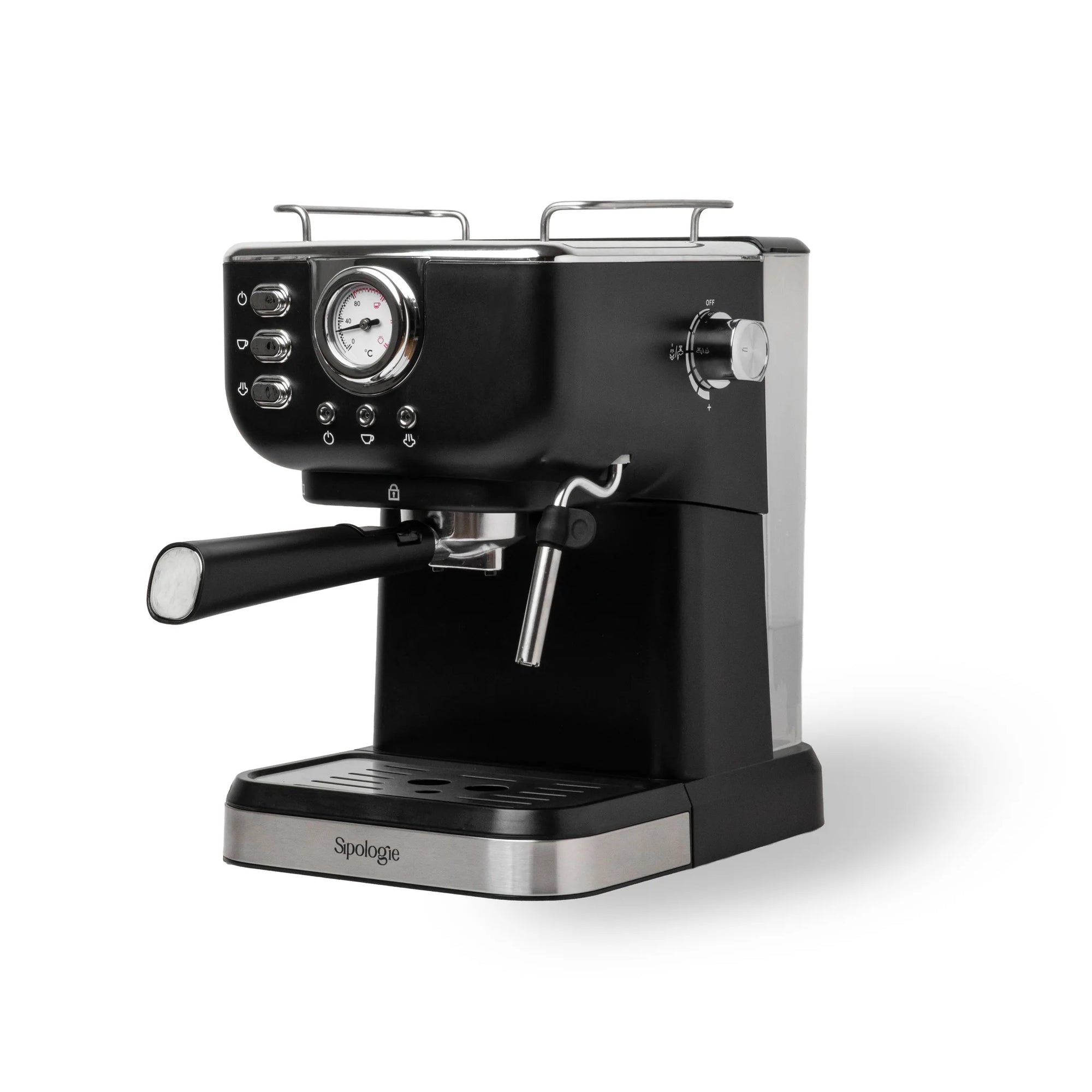 A black and stainless steel espresso machine with a round gauge, control buttons, a portafilter, and a steam wand, shown on a white background.