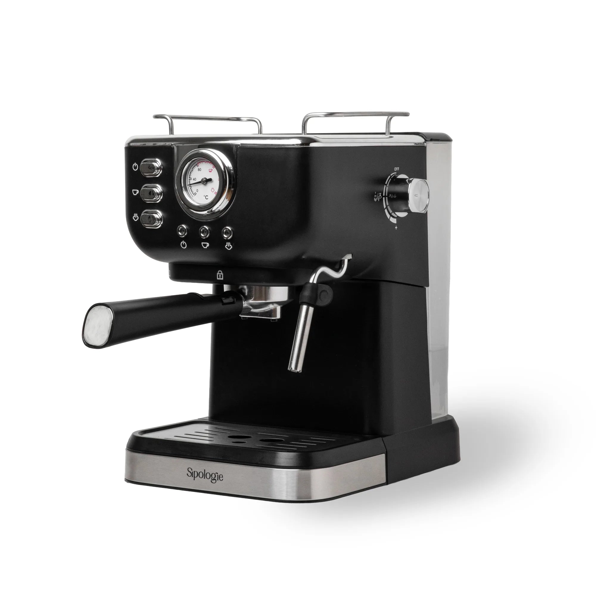 A black and stainless steel espresso machine with a round gauge, control buttons, a portafilter, and a steam wand, shown on a white background.
