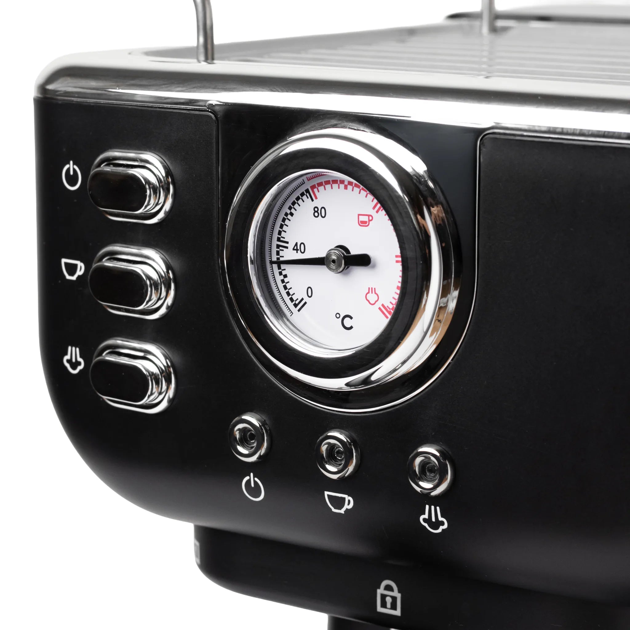Close-up of a black espresso machine front panel with silver buttons, a round temperature gauge, and white icon controls on a white background.